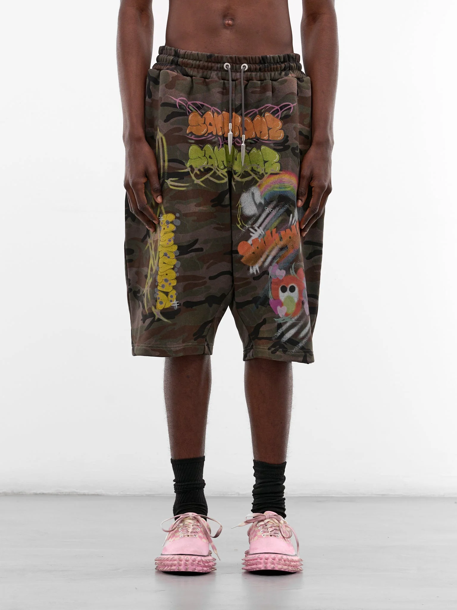 Camo Graffiti Drop Crotch Shorts - 1
