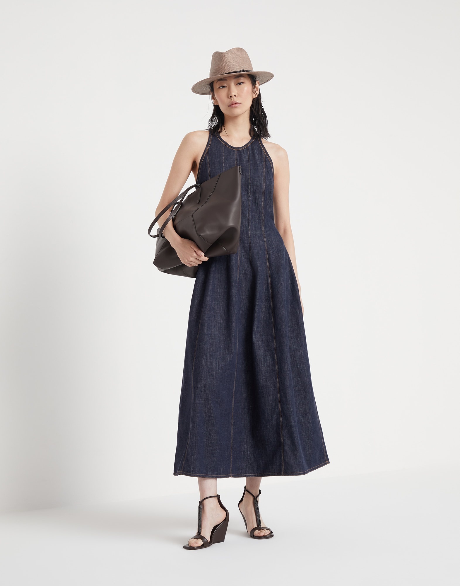 Lightweight wet-effect denim dress with shiny trims - 5