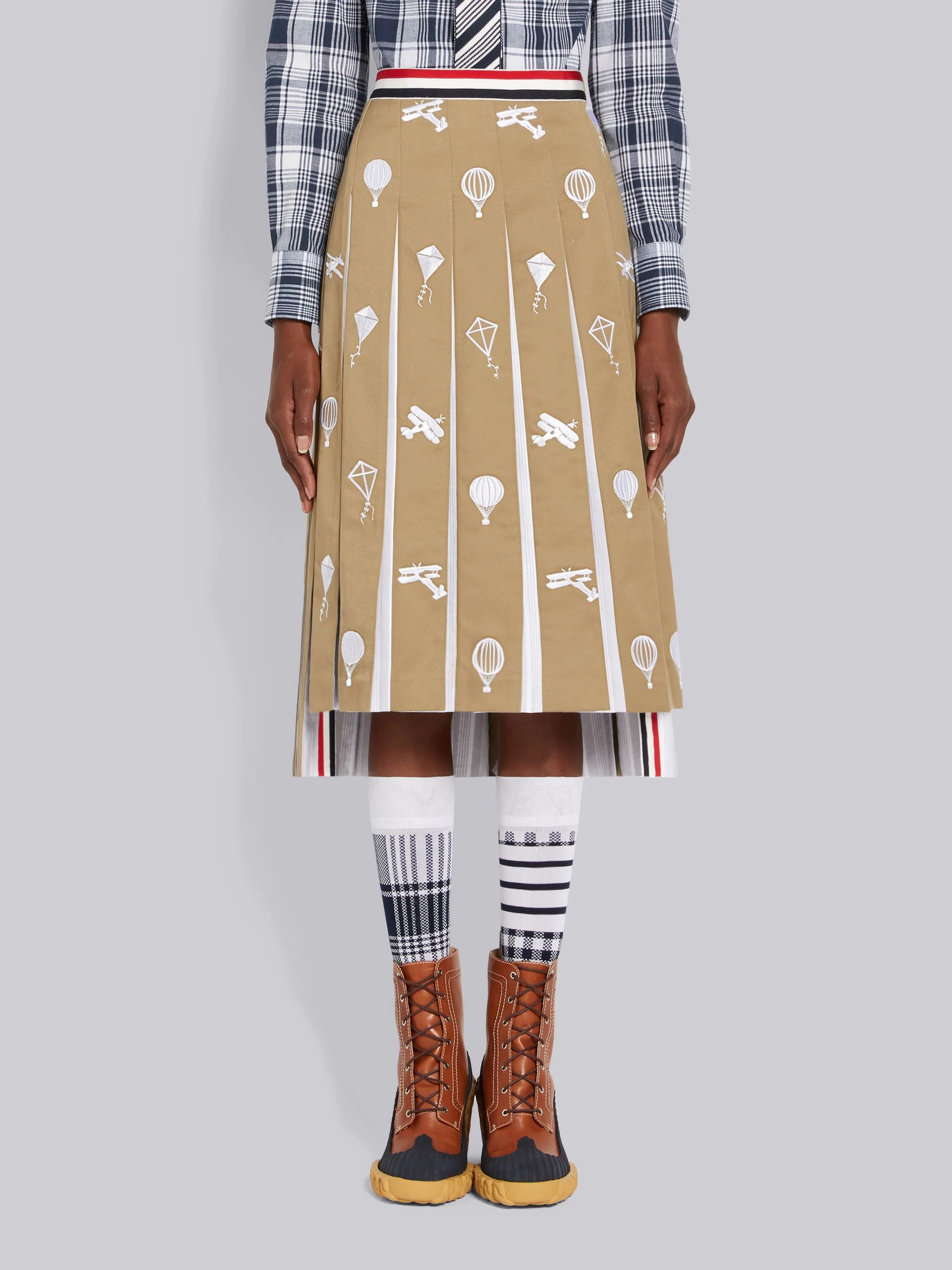 Camel Cotton Twill Sky Icon Half Drop Stripe Waistband Dropped Back Below the Knee Pleated Skirt - 1