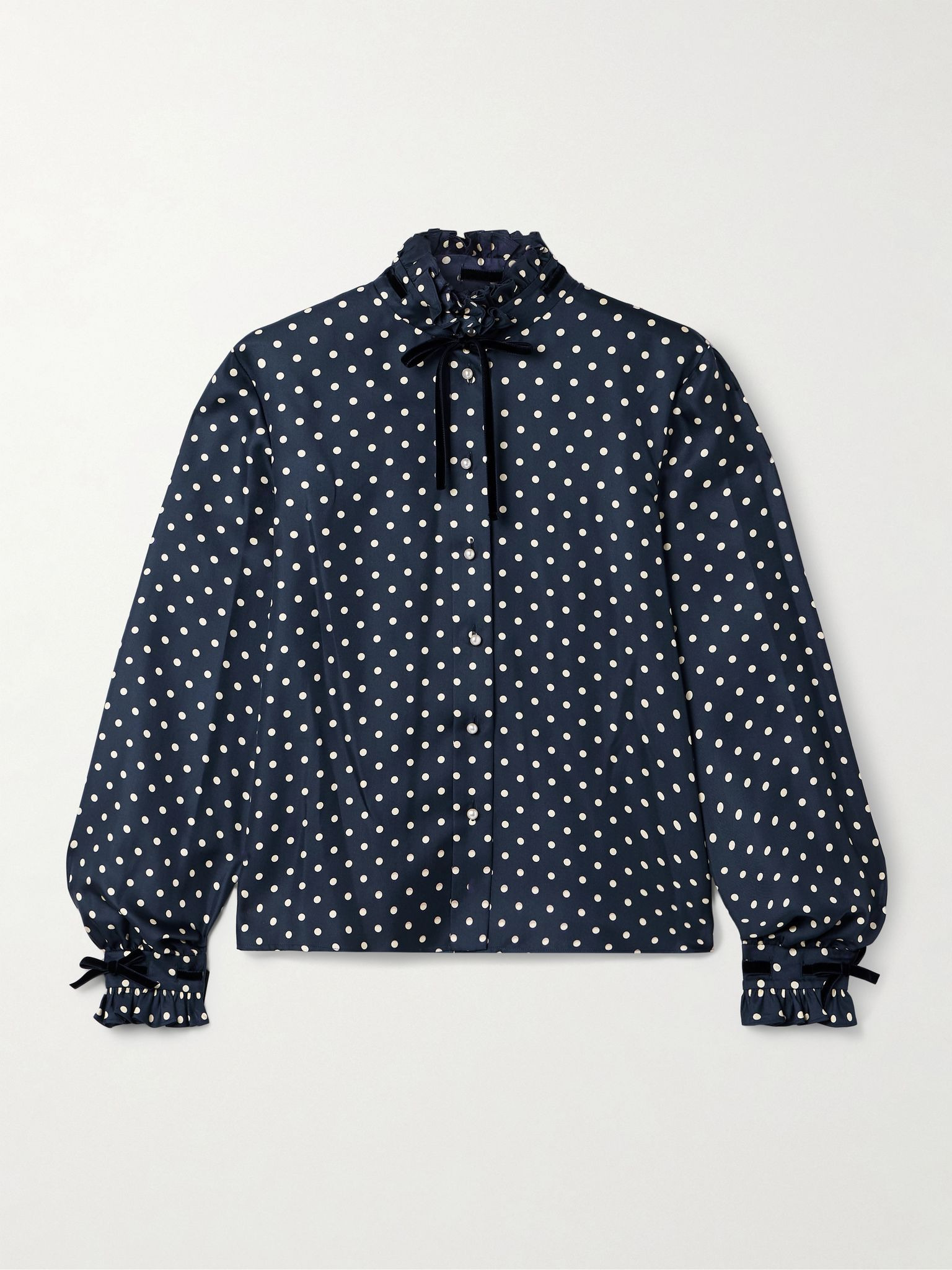 Velvet-trimmed ruffled polka-dot silk-twill shirt Navy - 1