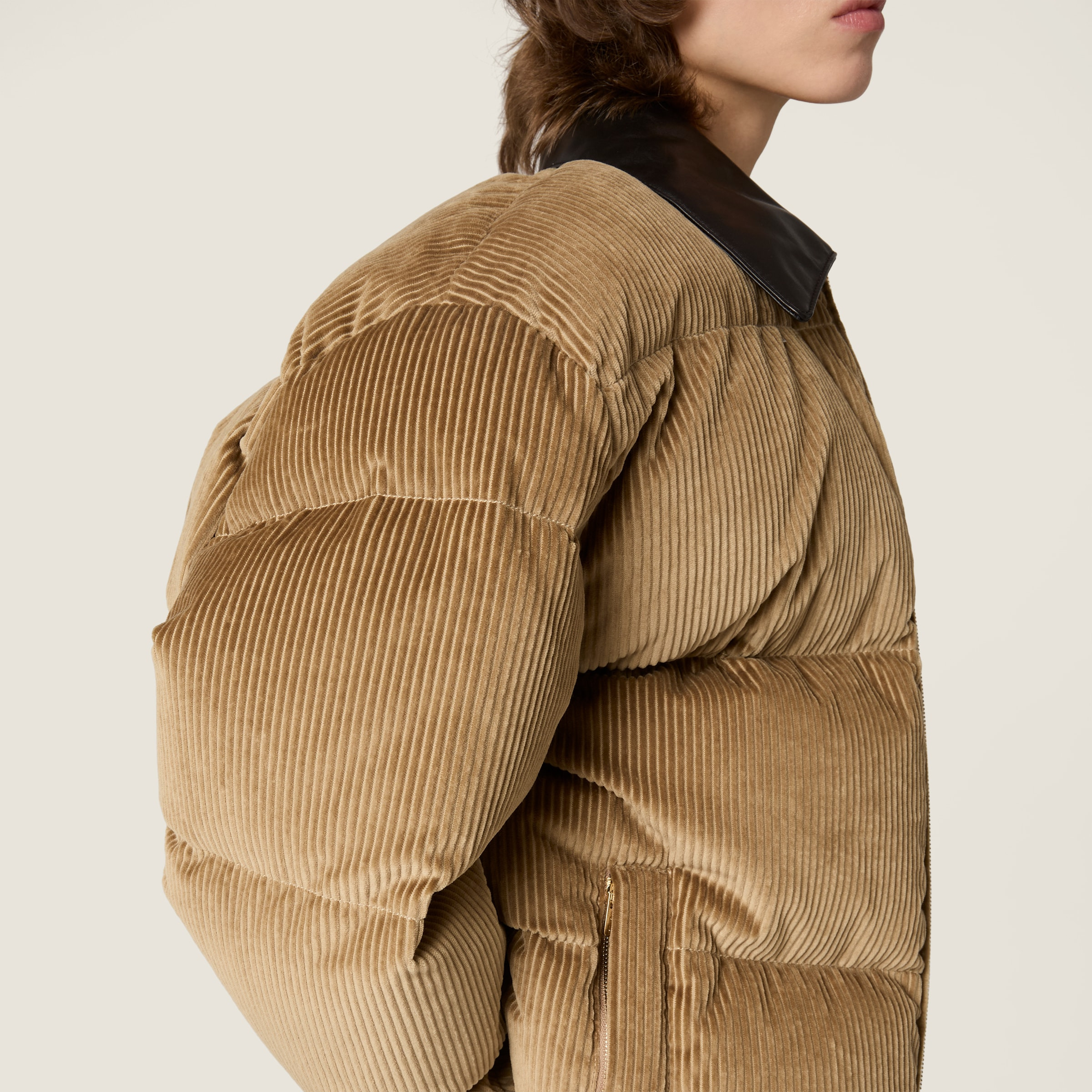 Corduroy and nappa leather down jacket - 4