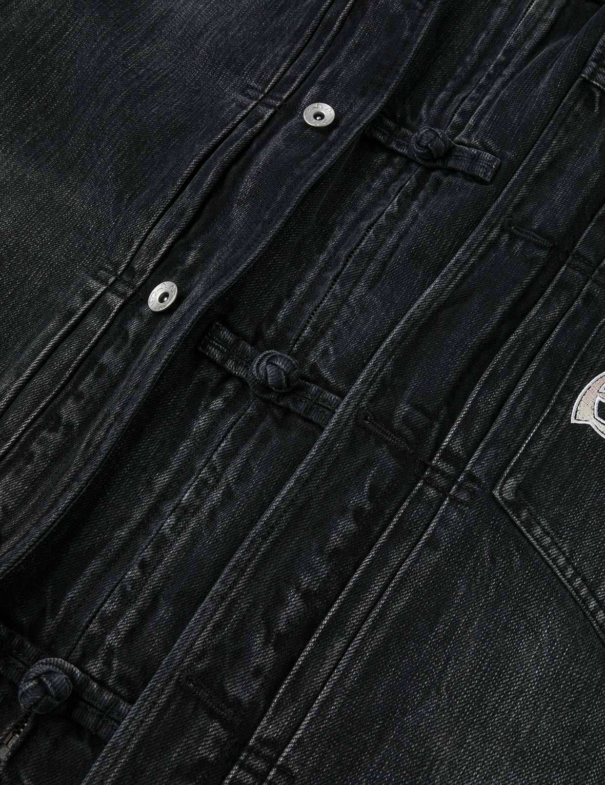 Washed Godhead and Logo Embroidery Oversized Chinese Style Denim Jacket - 10