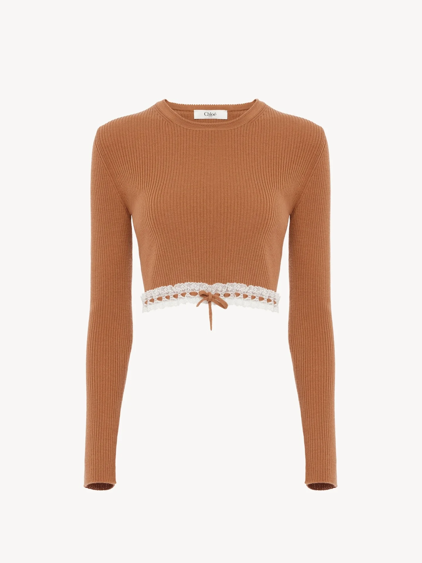 CROPPED FITTED SWEATER IN A WOOL KNIT & LACE - 1