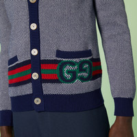 happylifeGUCCI GGウール Wool cardigan with GG intarsia in navy and blue ombré