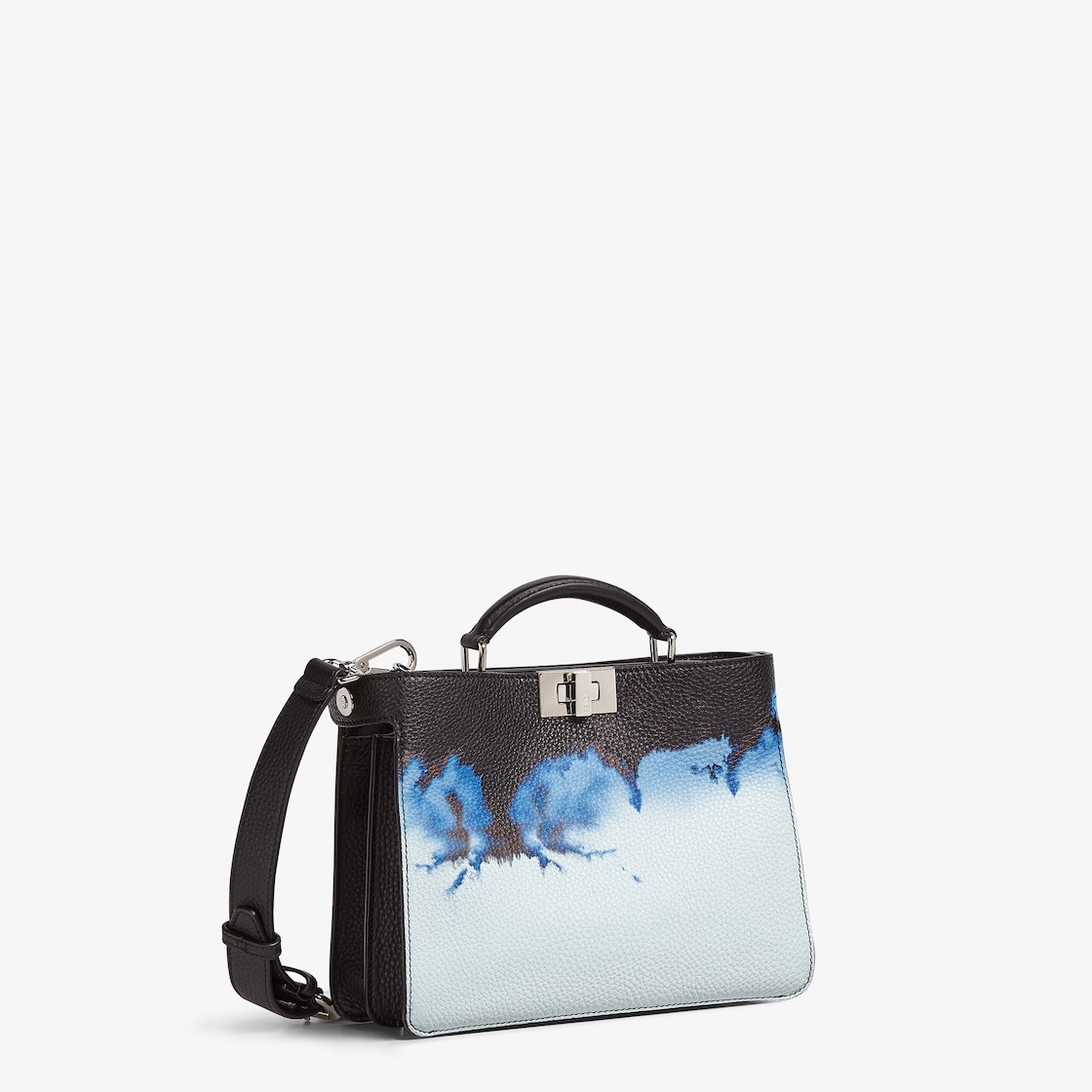 Small Peekaboo ISeeU bag made of black Cuoio Romano leather, printed with Cloud graphics in blue and - 3
