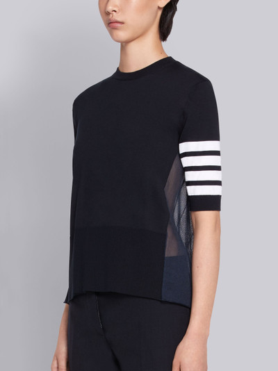 Thom Browne Navy Silk Cotton Blend Sheer Pleated Back 4-Bar Stripe Tee outlook