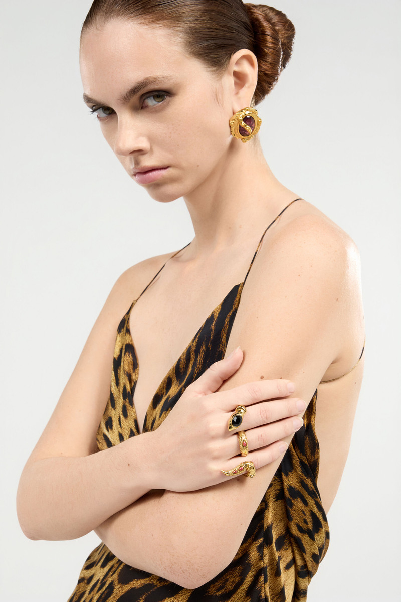 Roberto Cavalli Three-Finger Golden Ring With Black Stones And Ruby outlook