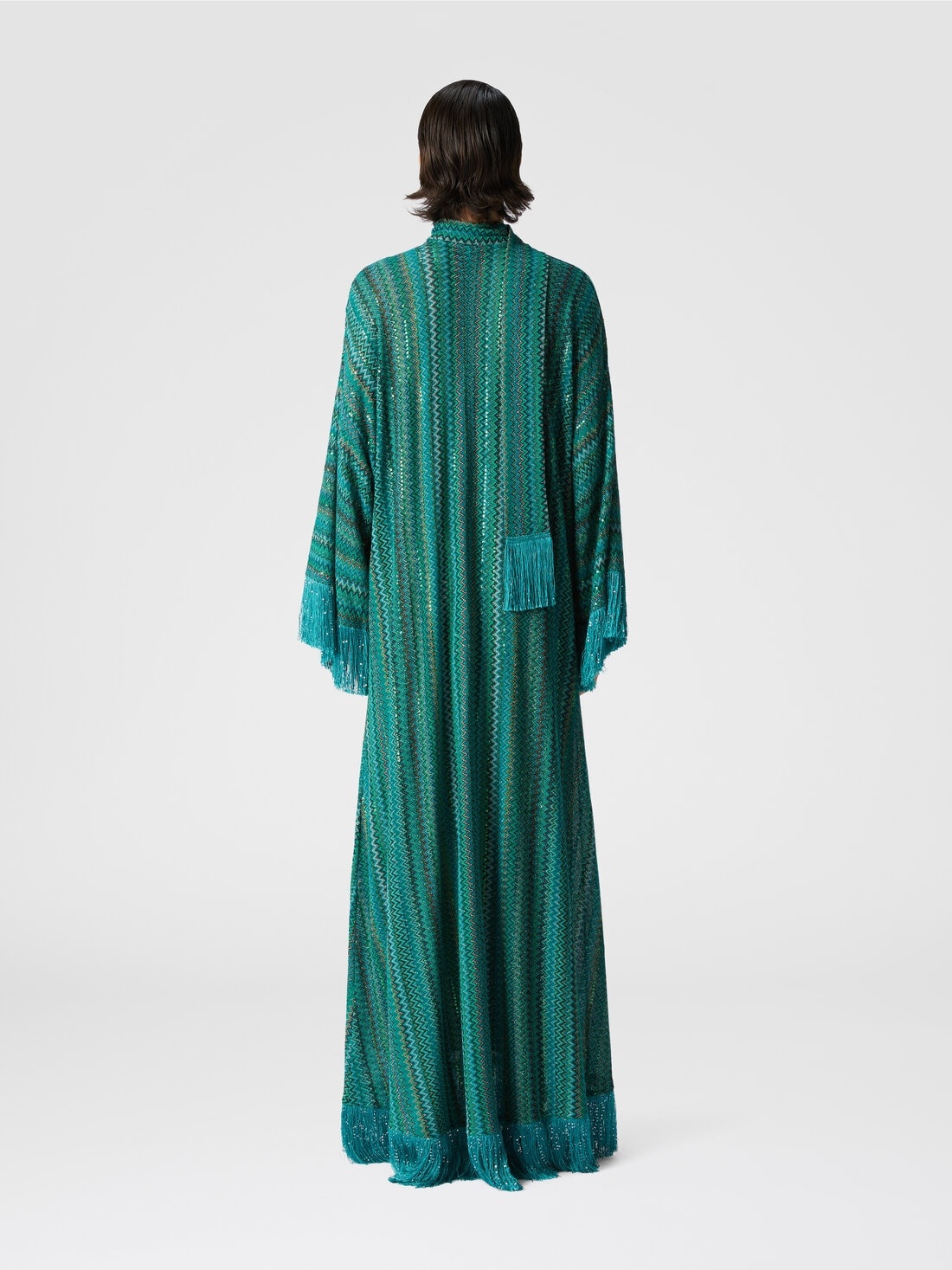 Zigzag kaftan with sequins and V-neck and removable scarf with fringes - 3