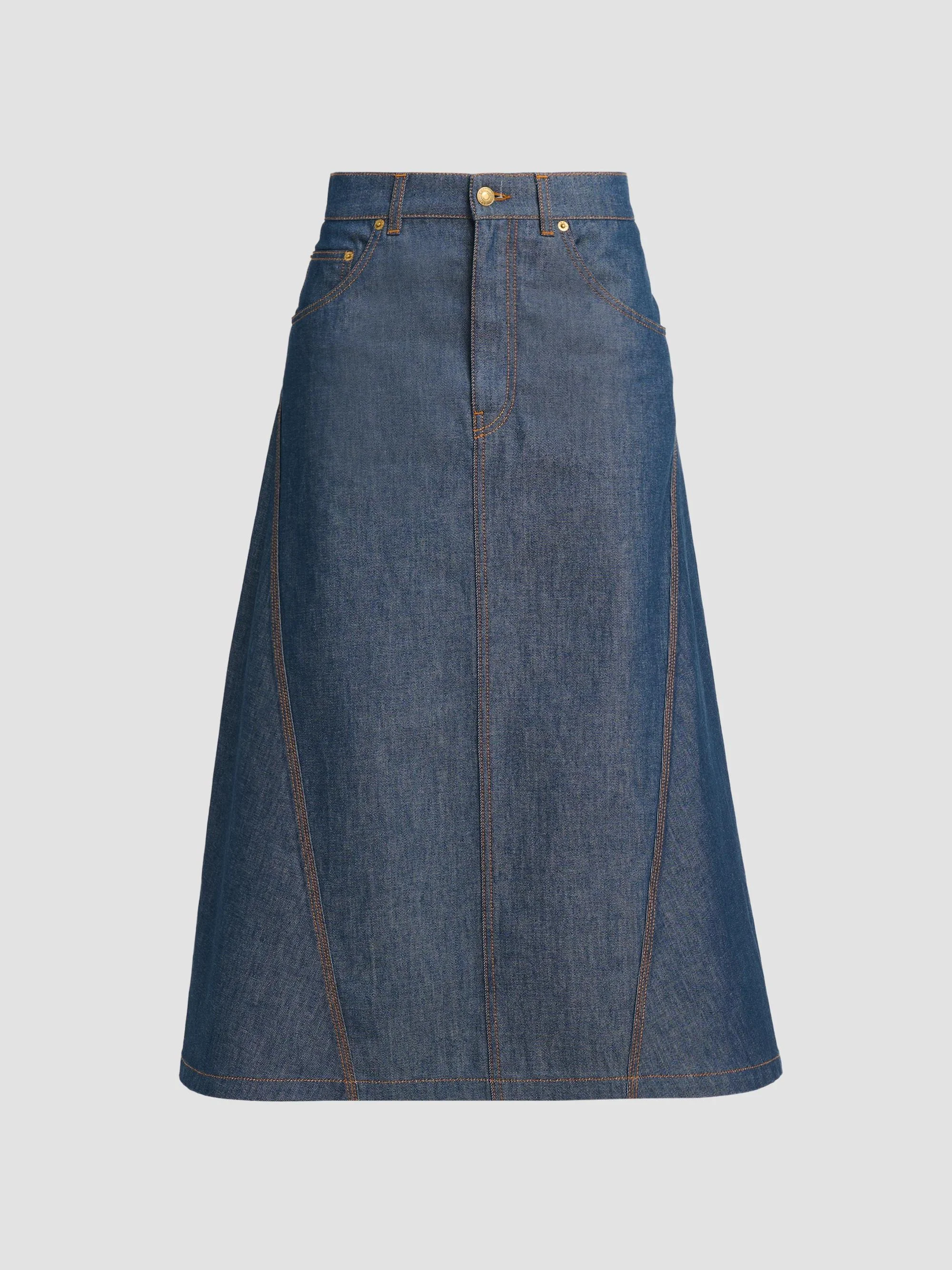 Women's Denim Flared Midi Skirt - Dark Blue - 1