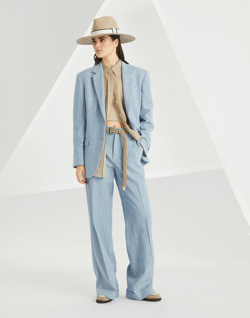 Linen and hemp chalk stripe twill loose flared trousers with monili 4