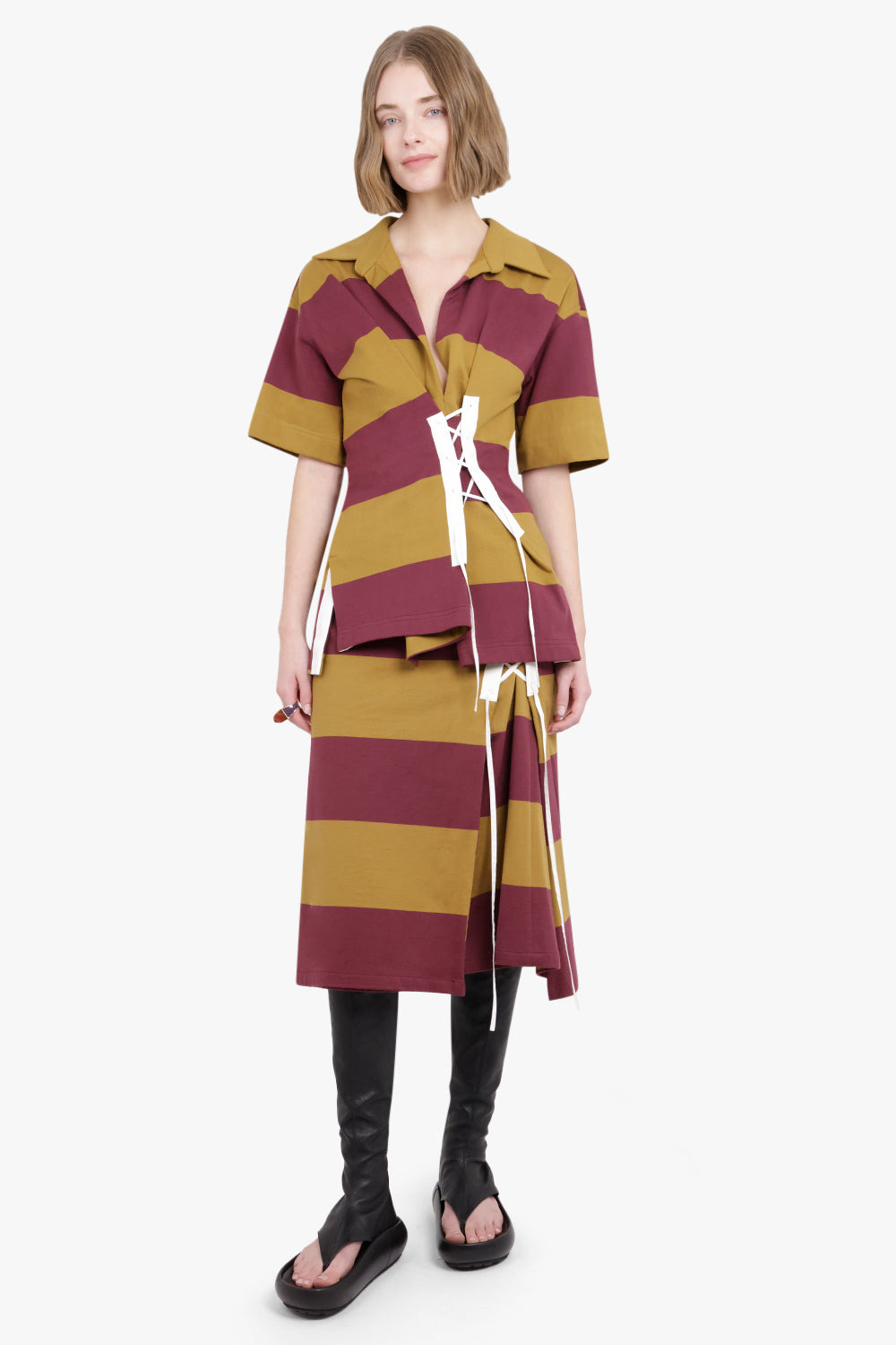 CROSS STITCH TIE SIDE DETAIL STRIPE MIDI SKIRT | MUSTARD - 2