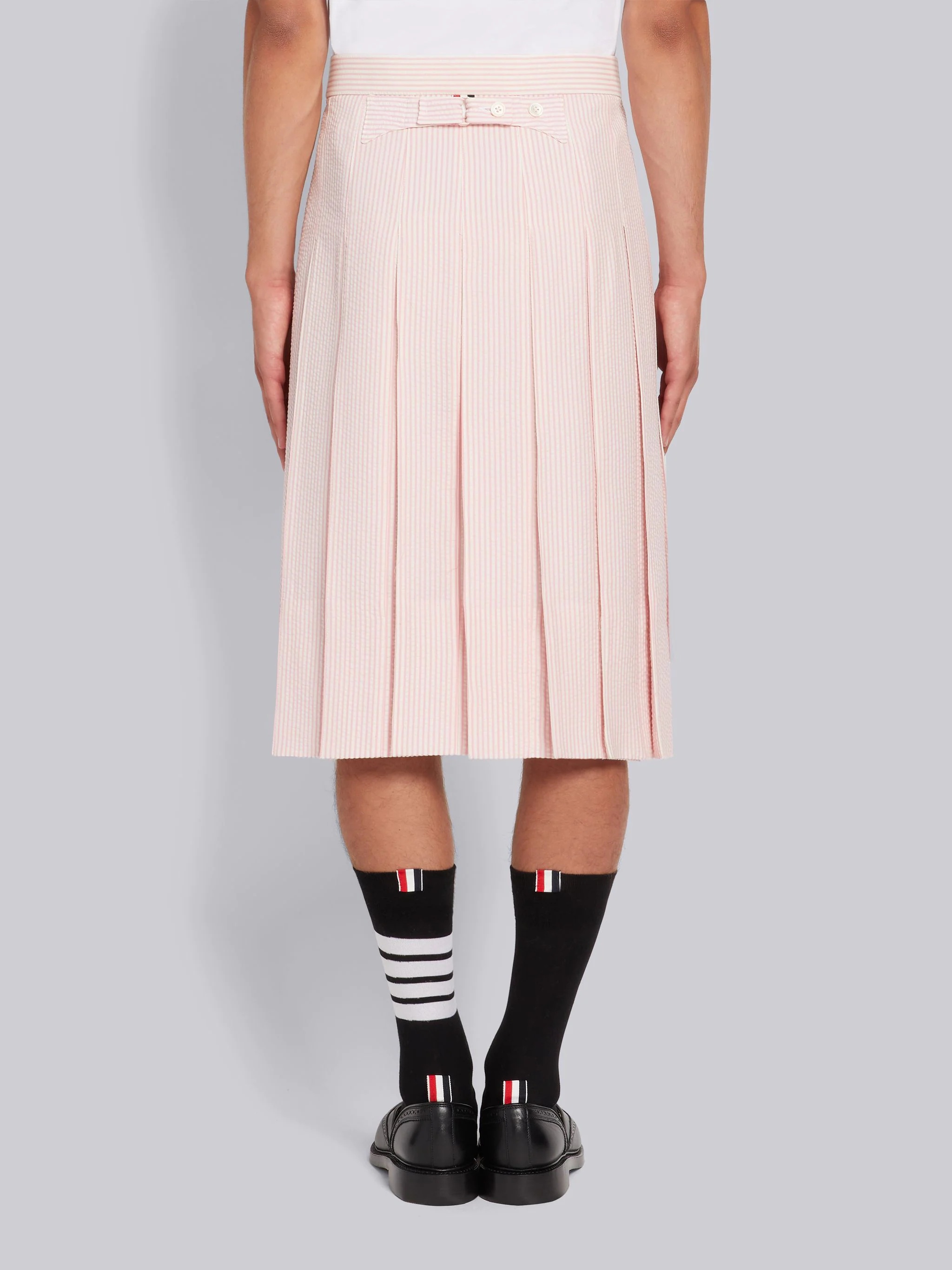 Light Pink Wool Seersucker Knee Length Backstrap Pleated Skirt - 3