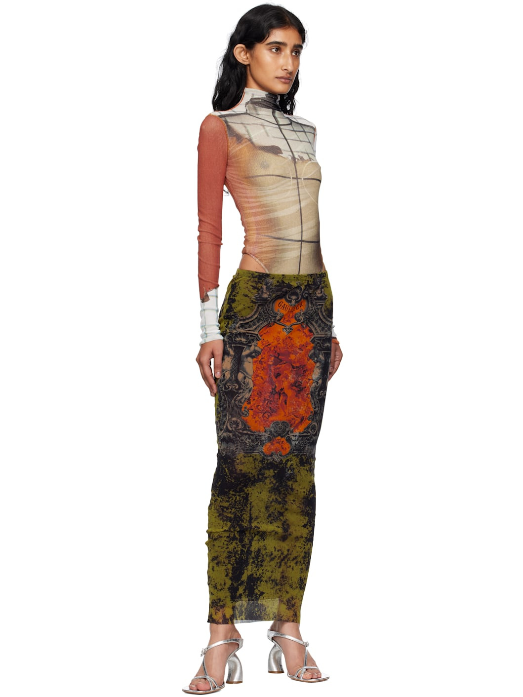 Orange & White Long Sleeves Twisted Printed Fire Bodysuit - 5