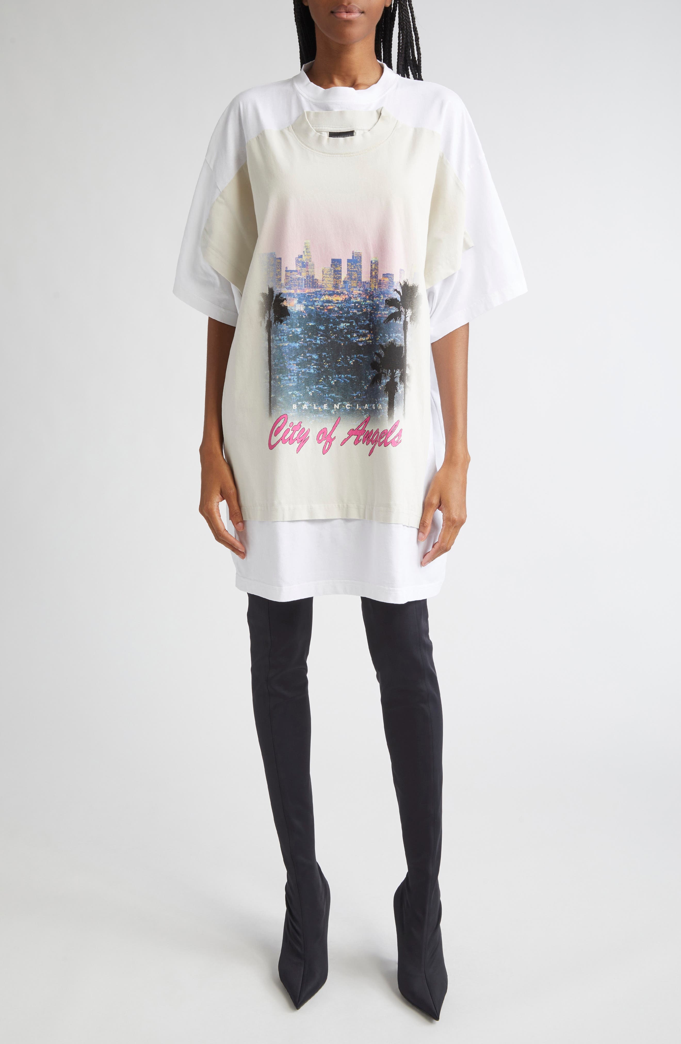 Balenciaga Patched City of Angels Graphic T-Shirt Dress in 9060 Dirty White/White at Nordstrom - 1