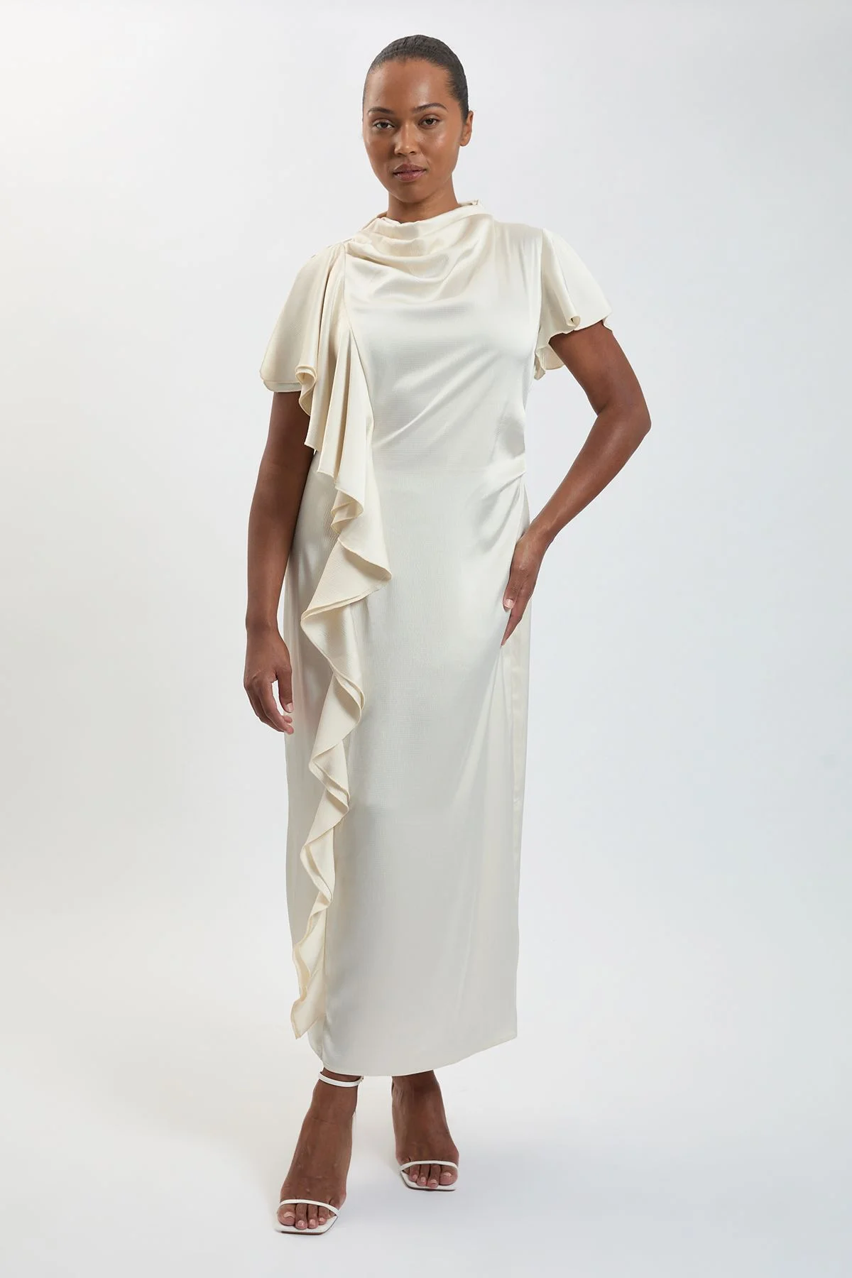Plus Size Textured Satin Ruffle Detail Midi Dress - 1