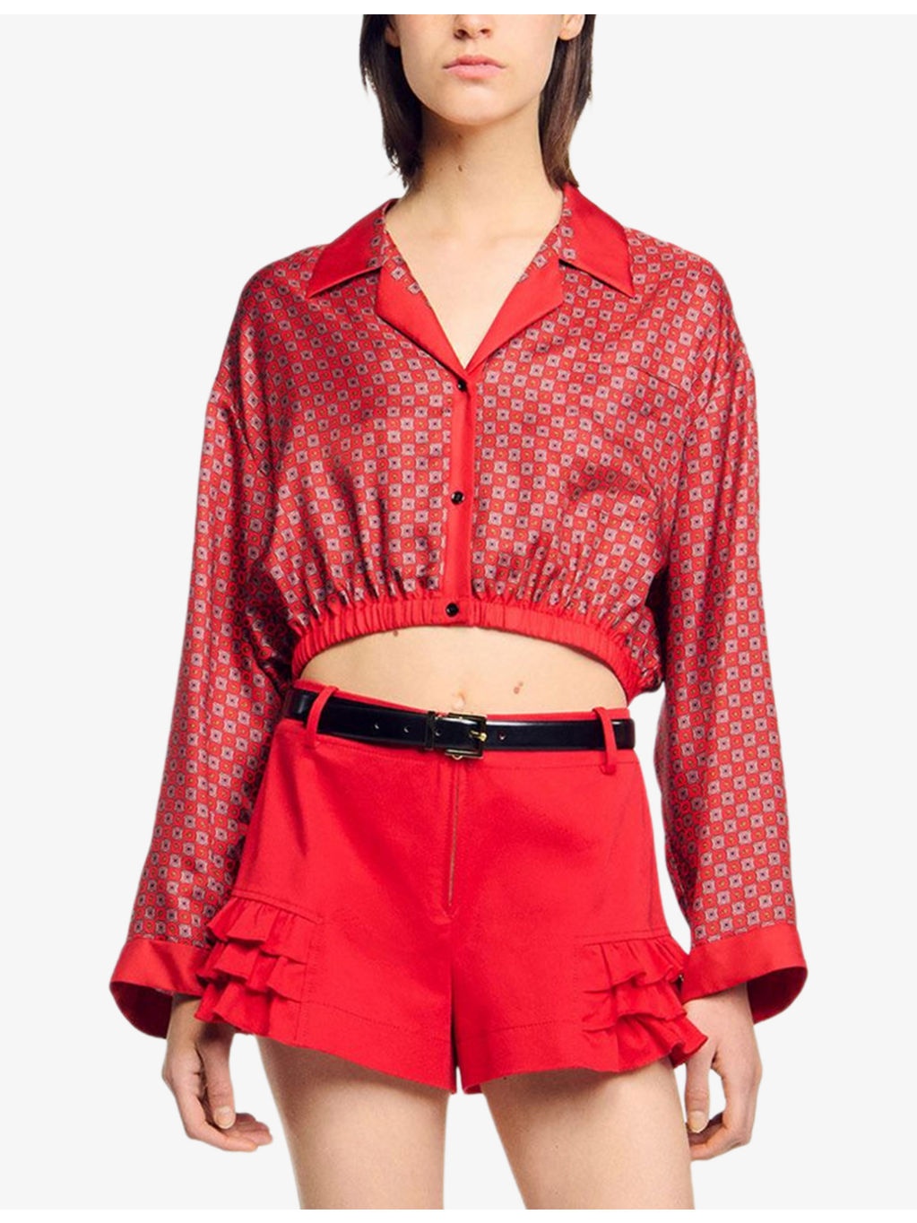 Scarf-Print V-Neck Cropped Woven Shirt - 3