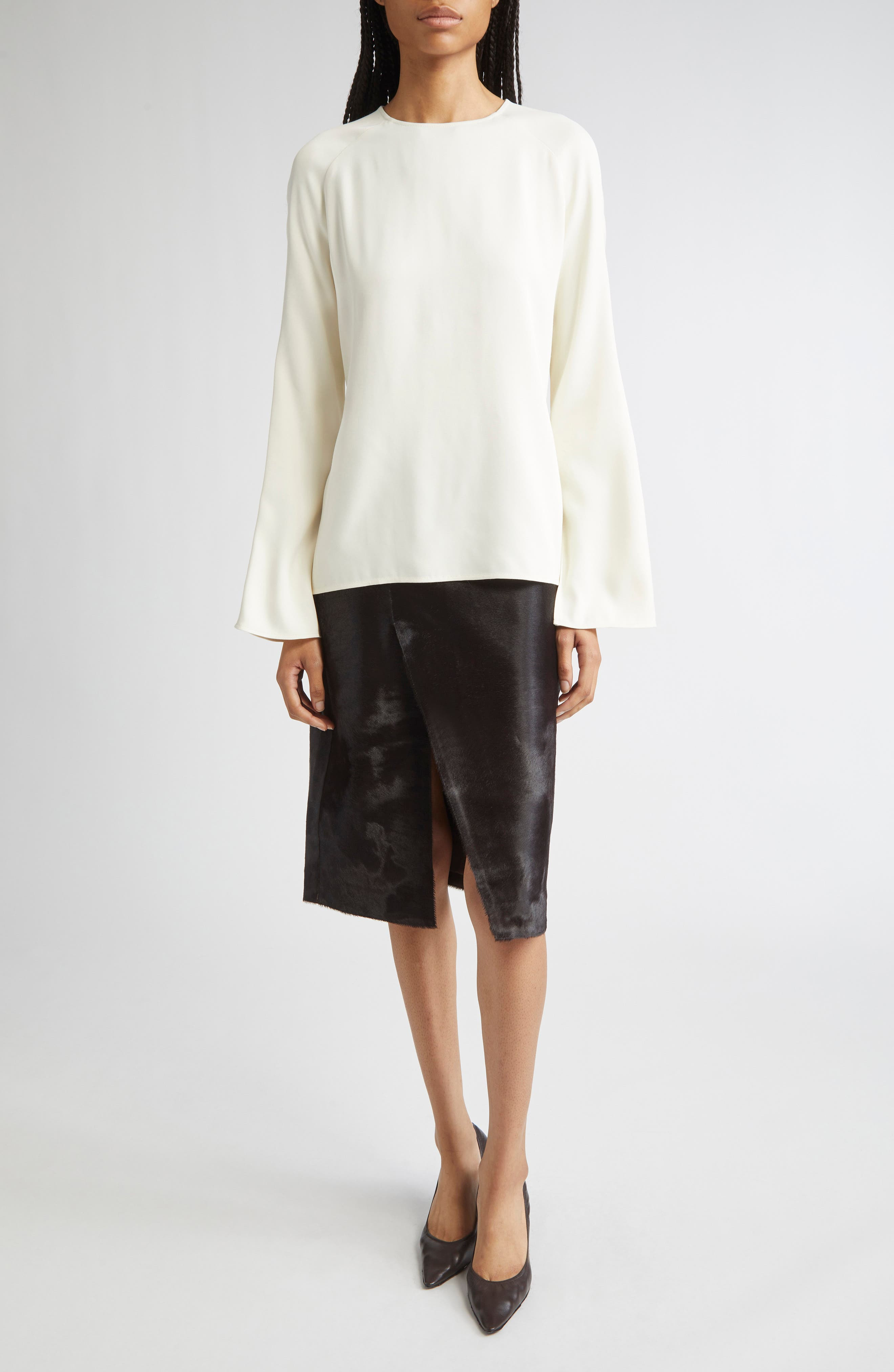 LOULOU DE SAISON Myra Asymmetric Genuine Calf Hair Midi Skirt in Coffee at Nordstrom - 2
