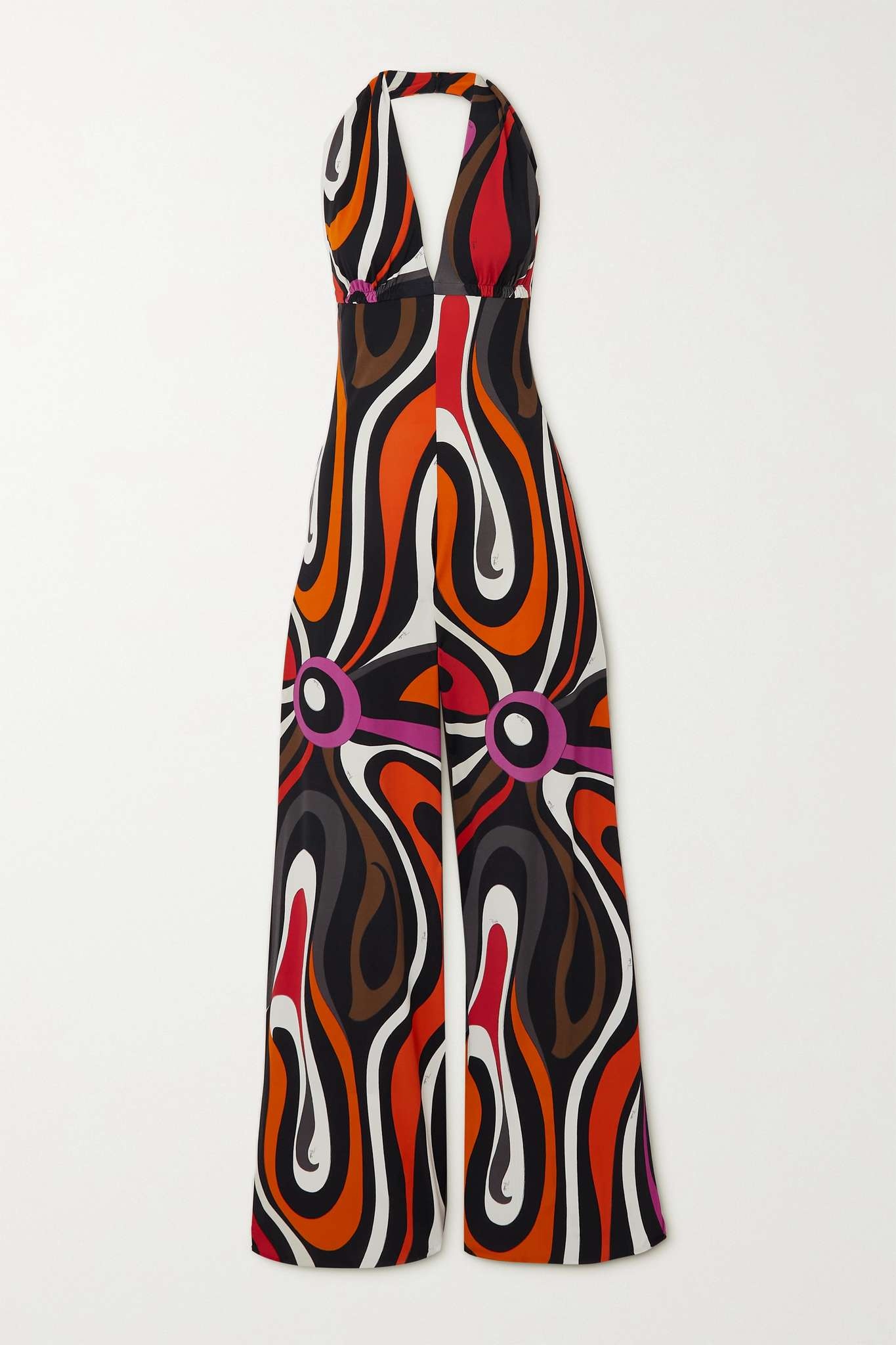 Printed silk satin-trimmed jersey halterneck jumpsuit - 1