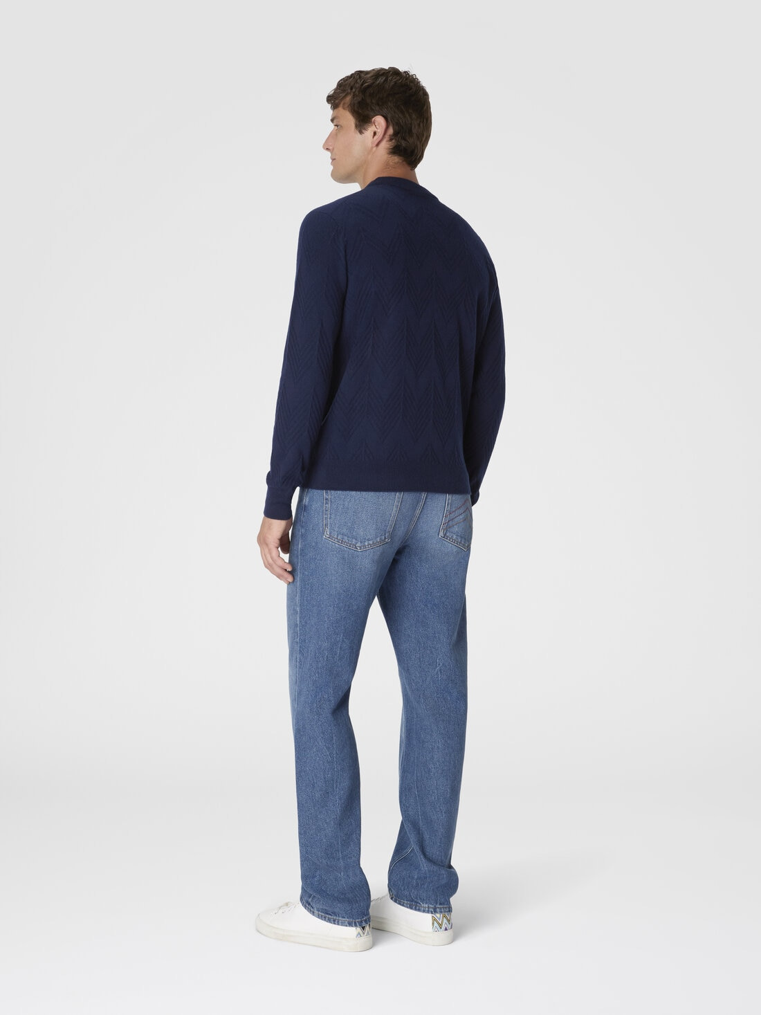 Crew neck sweater in pure cashmere with chevron pattern - 3