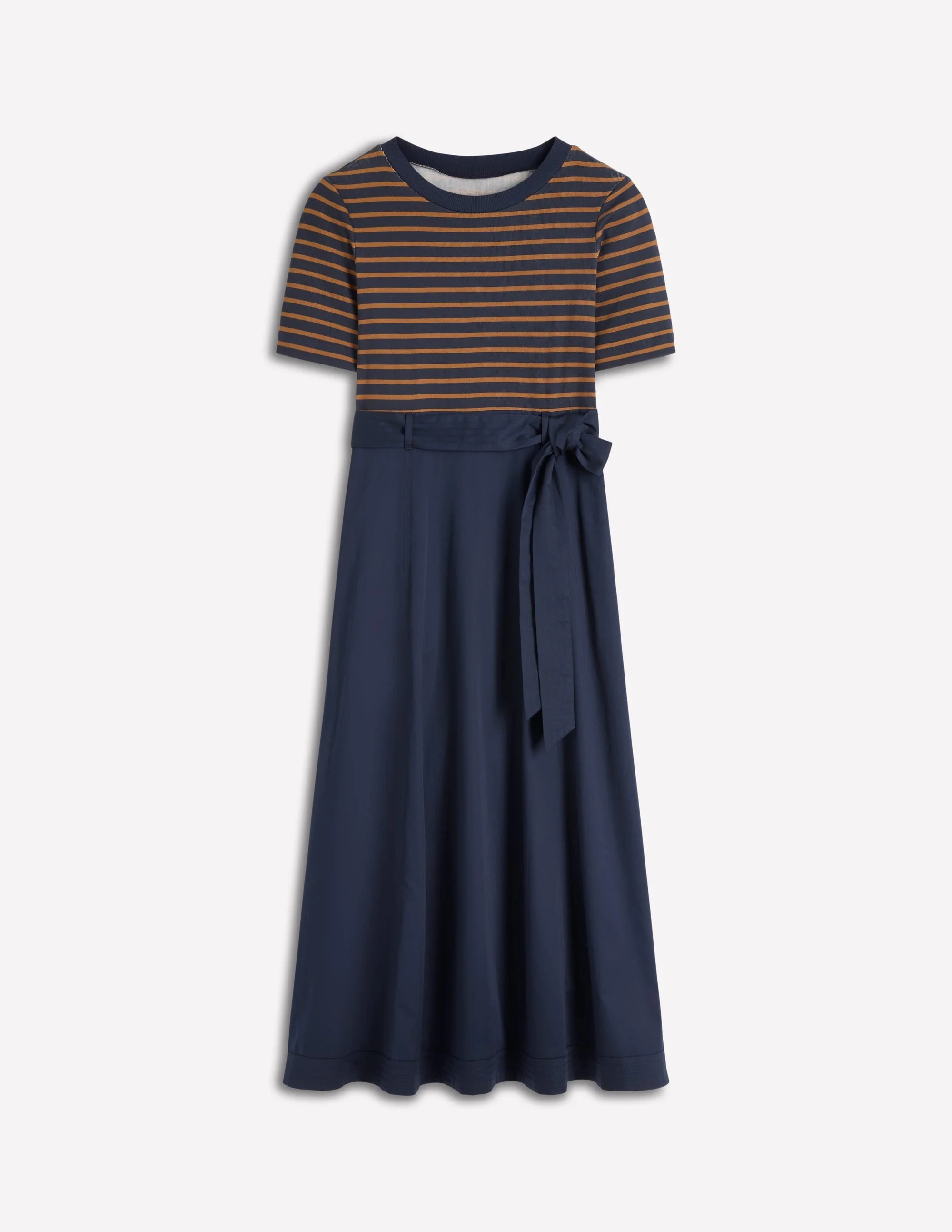 Crew Neck Mix Media Dress-Navy and Gingerbread Stripe - 1