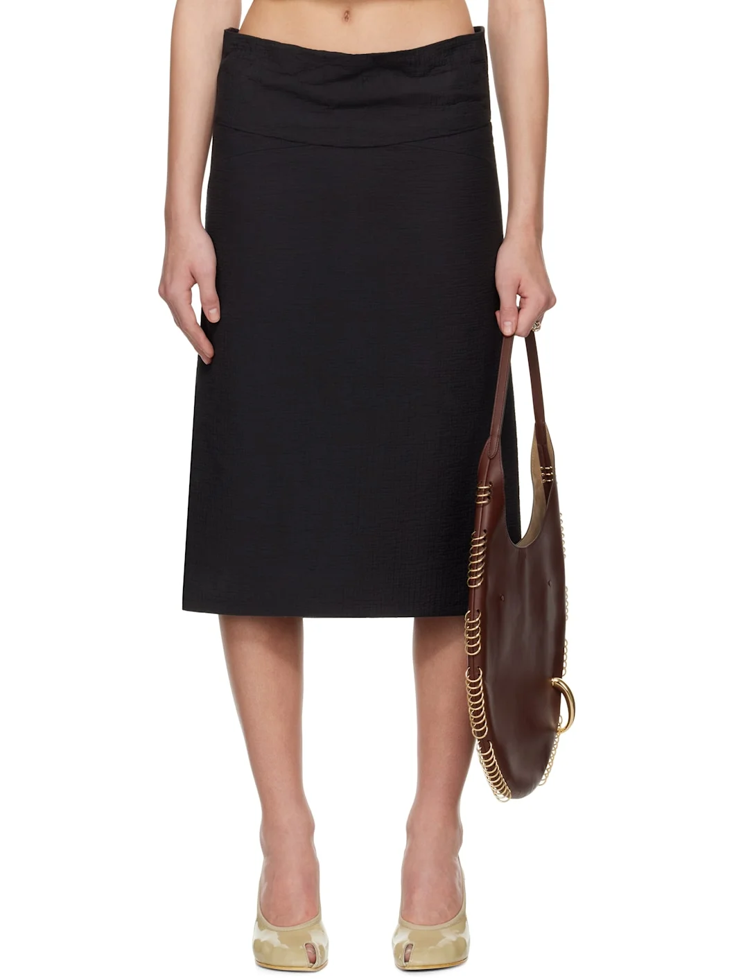 Black Molded Waistband Cotton Midi Skirt - 1