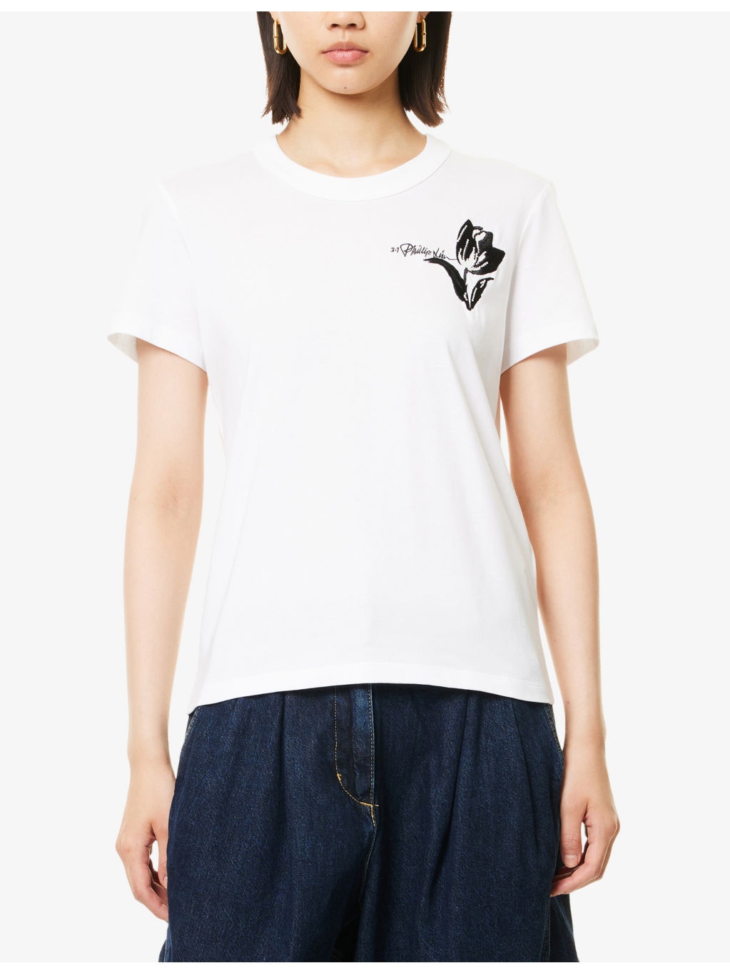 Tulip Embroidery Cropped Short-Sleeve Cotton-Jersey T-Shirt - 3