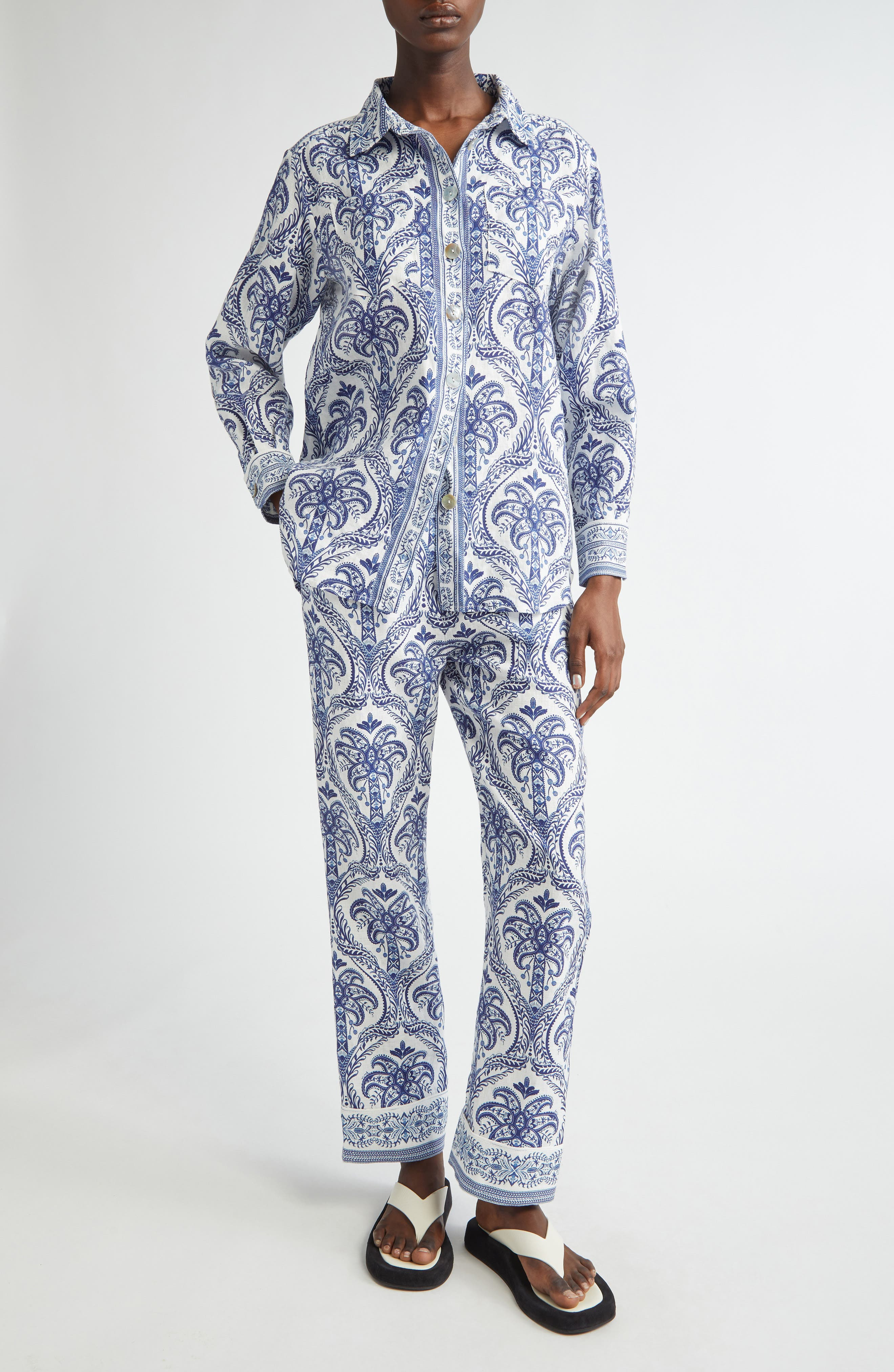 FARM Rio Tropical Print Linen Blend Button-Up Shirt in Off-White at Nordstrom - 2
