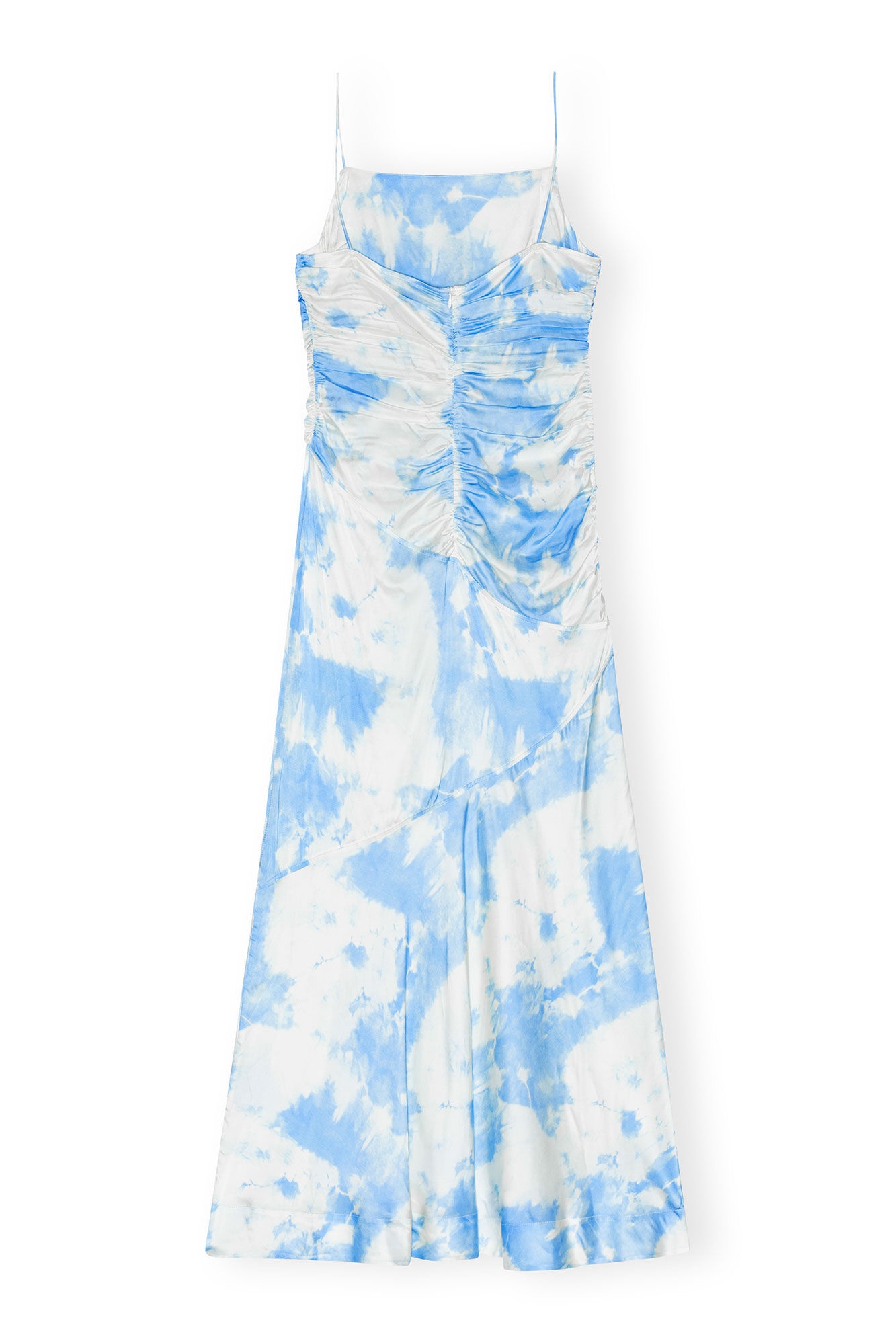 BLUE PRINTED SATIN RUCHED LONG SLIP DRESS - 1