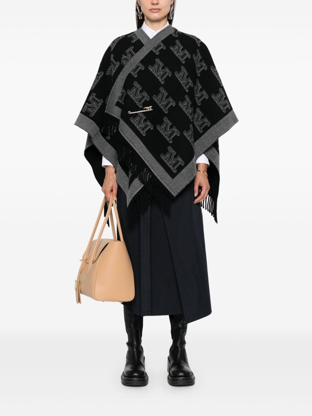 monogram-pattern wool poncho - 2
