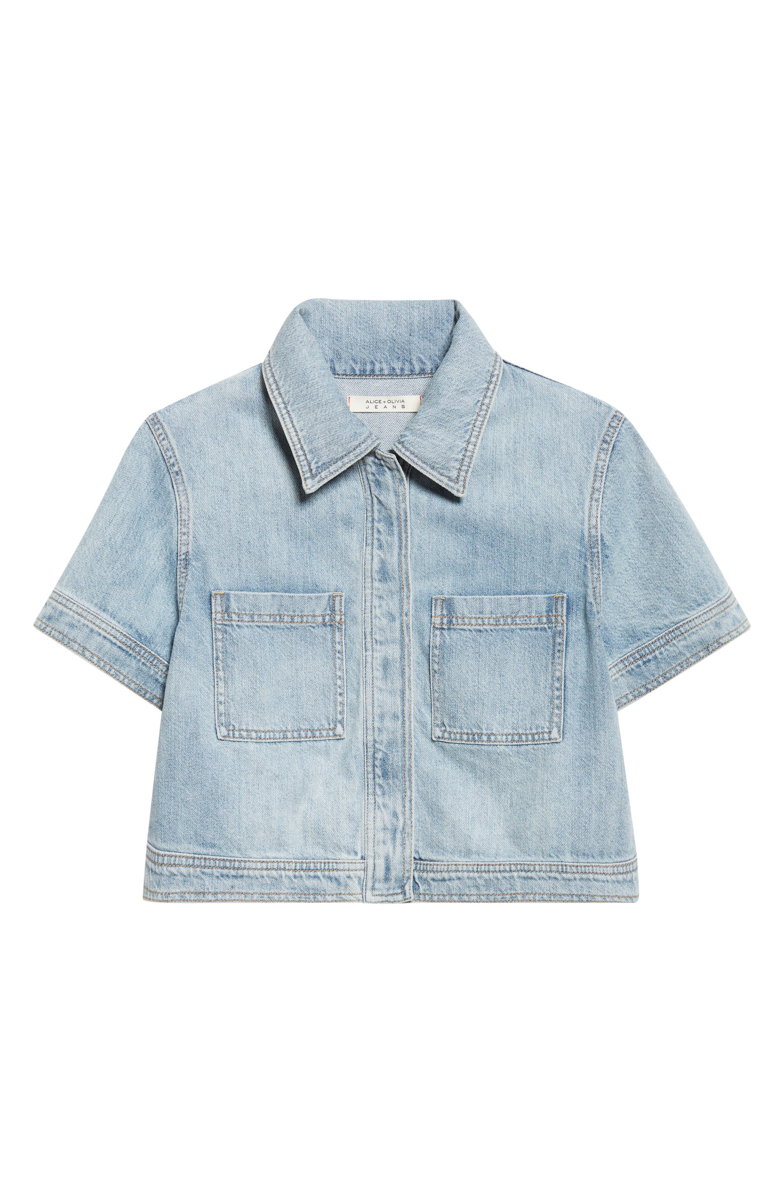 Alice + Olivia Tesha Crop Denim Button-Up Shirt in Rockstar Blue at Nordstrom - 5