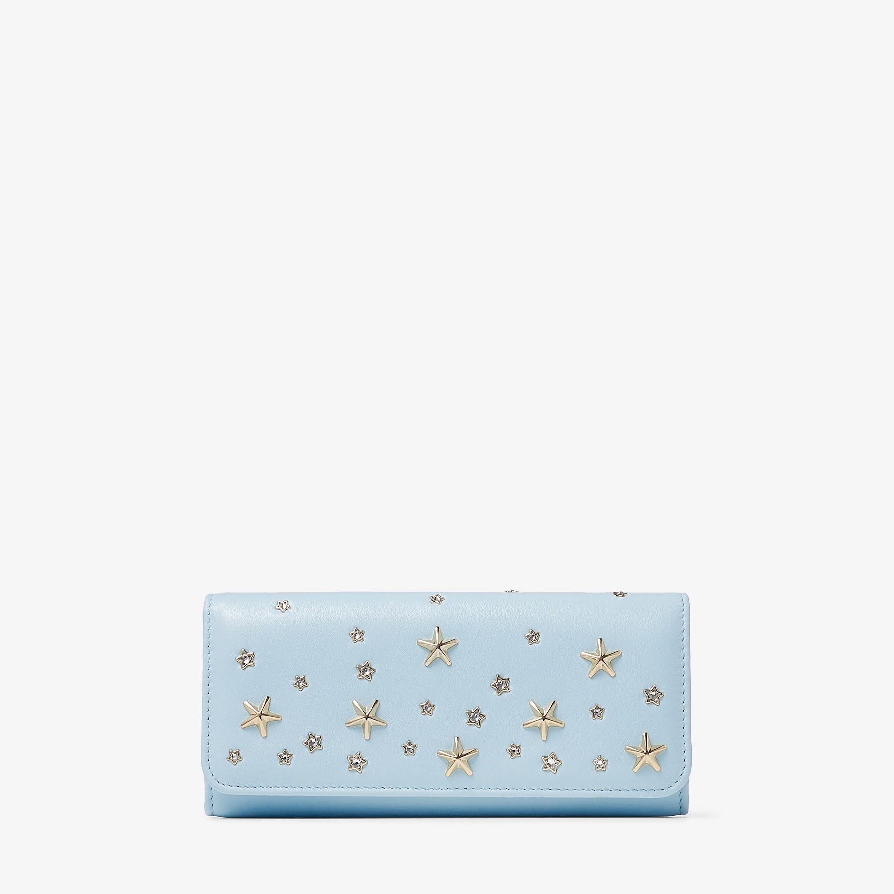 Nino
Ice Blue Calf Leather Wallet with Metal and Crystal Stars - 1