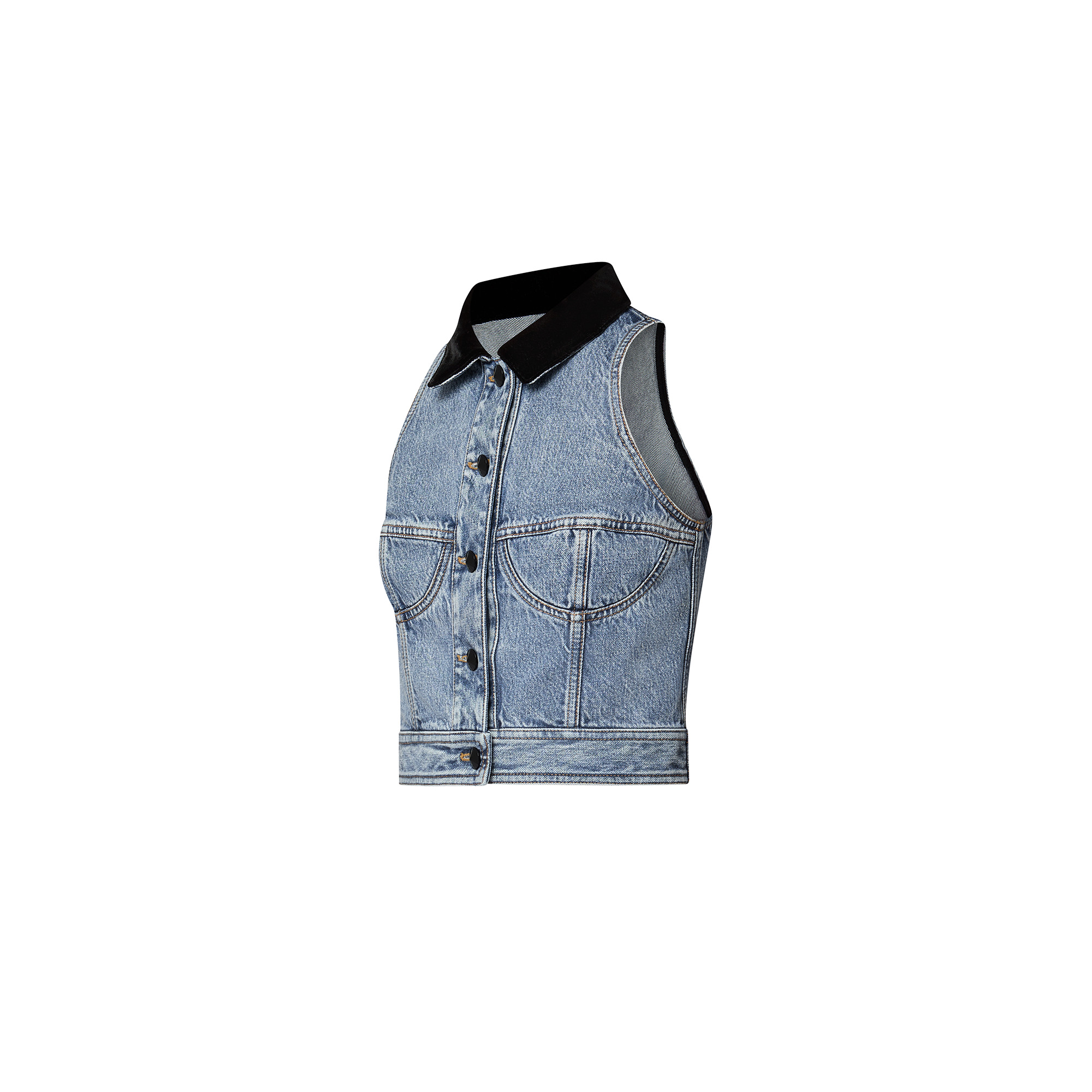 Sleeveless Velvet Accent Denim Jacket - 2
