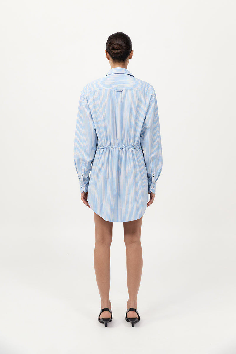 Drawstring Mini Shirt Dress - Pale Blue Stripe - 8
