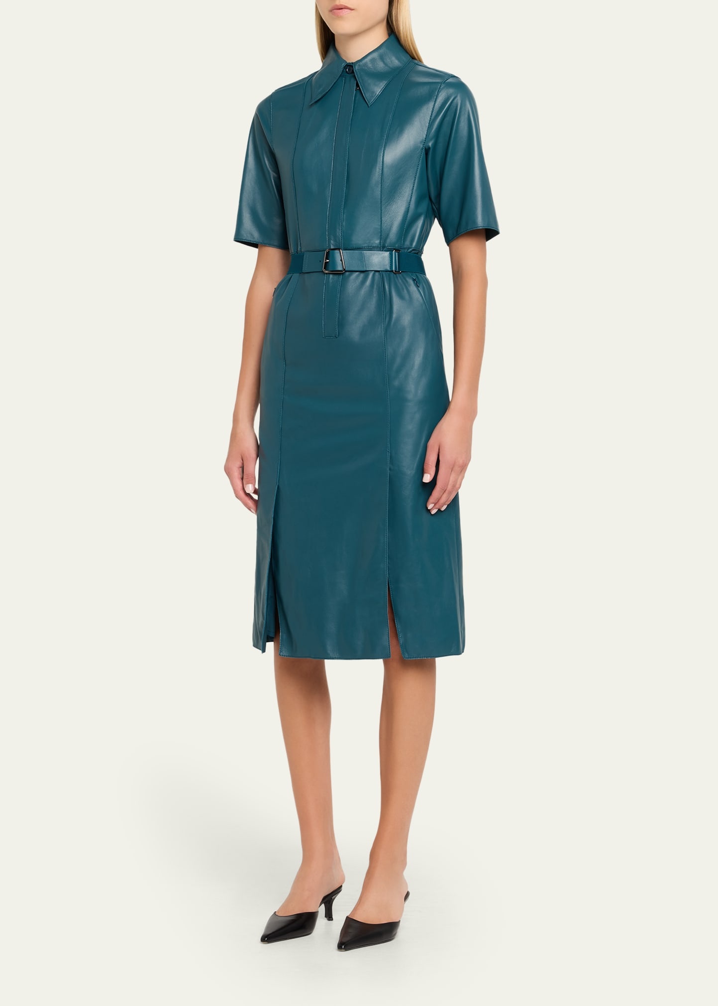 Short-Sleeve Nappa Leather Belted Shirtdress - 4