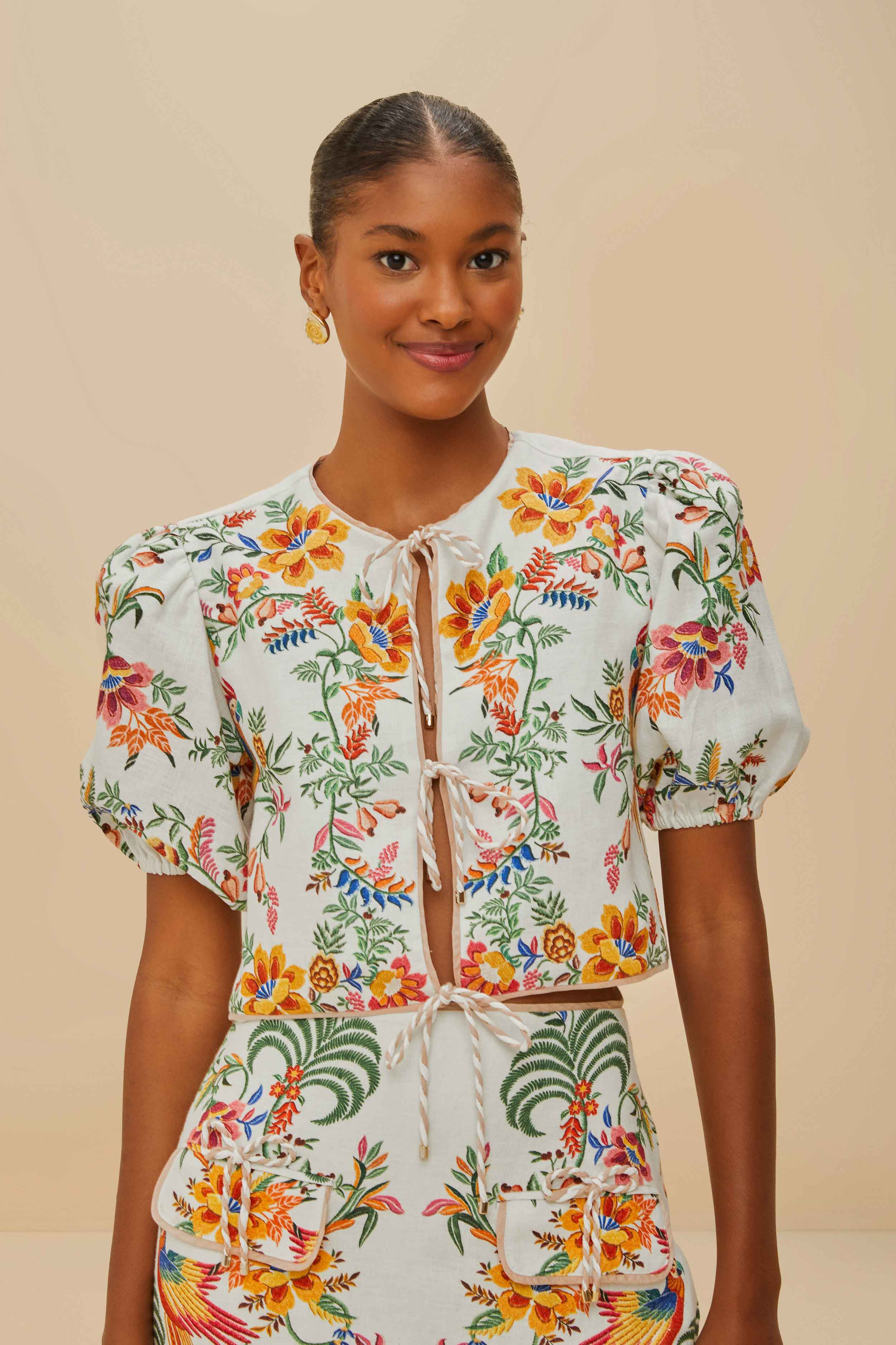 Off-White Delicate Forest Scarves Euroflax™ Premium Linen Blouse - 1