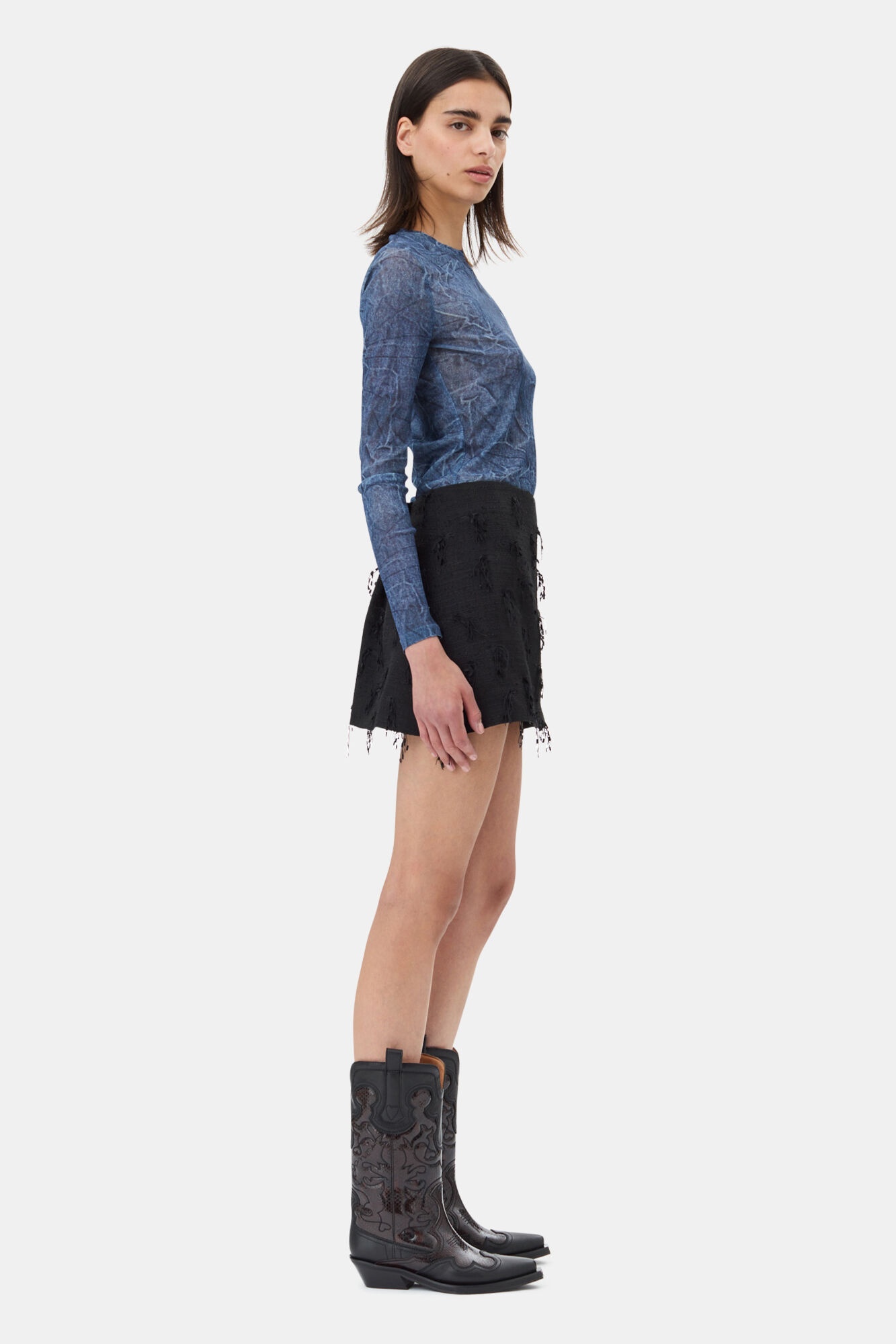BLUE PRINTED MESH LONG SLEEVE BLOUSE - 4