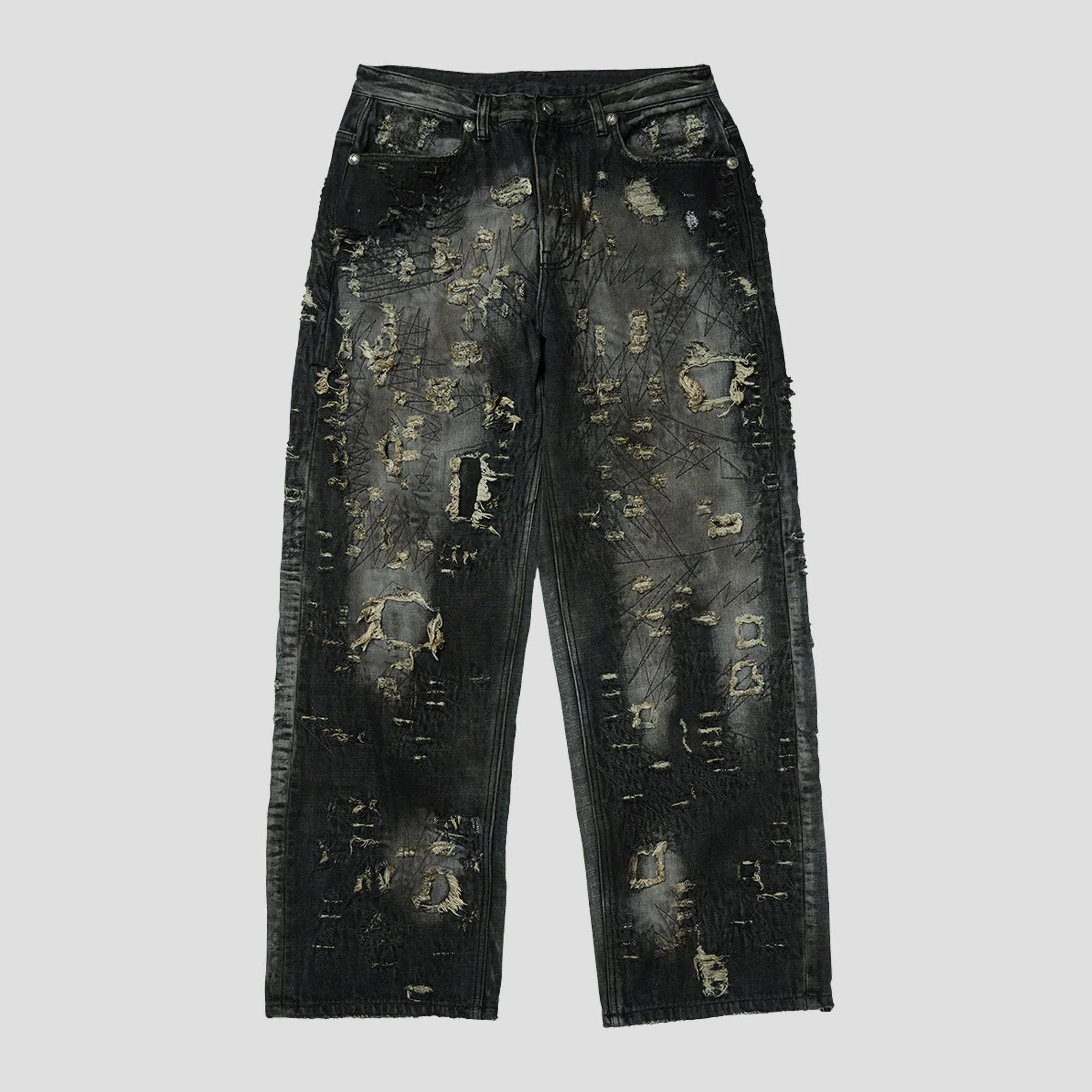 HARD-WASHED DAMAGED DENIM PANTS - 1