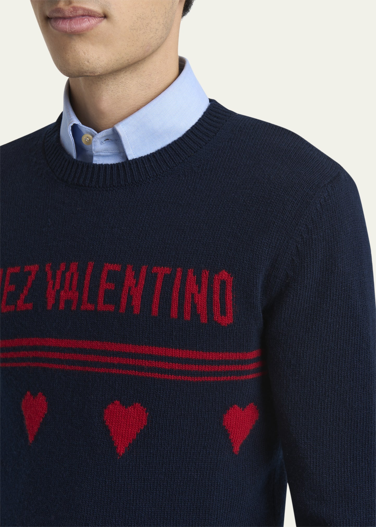 Men's Wool Chez Valentino Heart Jacquard Crewneck Sweater - 5