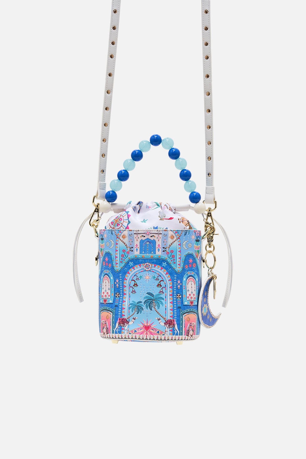 DRAWSTRING BUCKET BAG WITH BEADED HANDLE - 1
