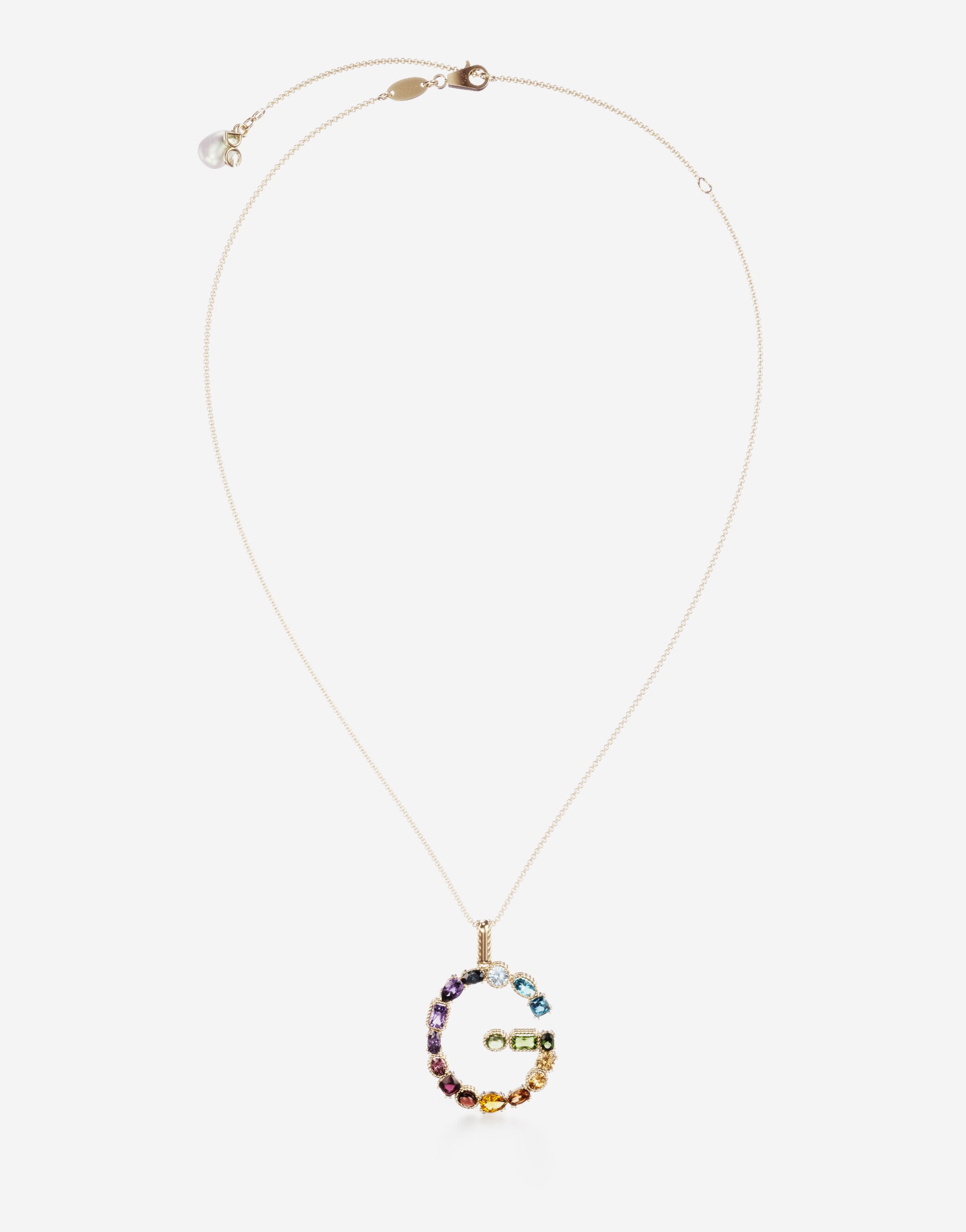 Rainbow alphabet G pendant in yellow gold with multicolor fine gems - 1