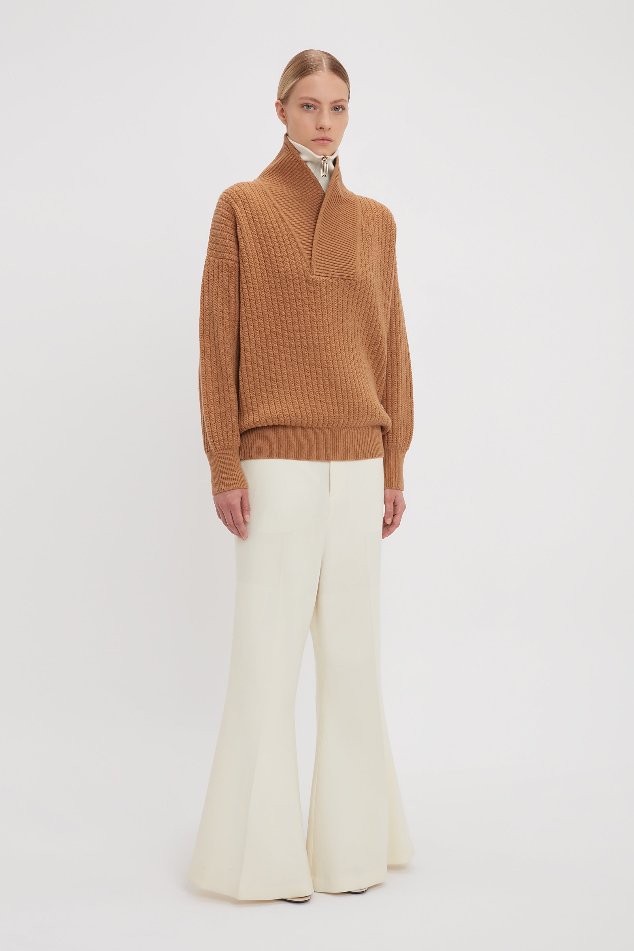 Shawl Neck Knitted Jumper In Camel - 3