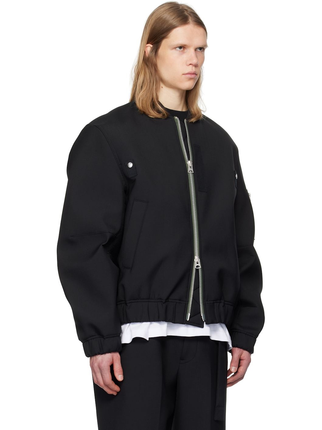 Black Suiting Bonding Bomber Jacket - 2