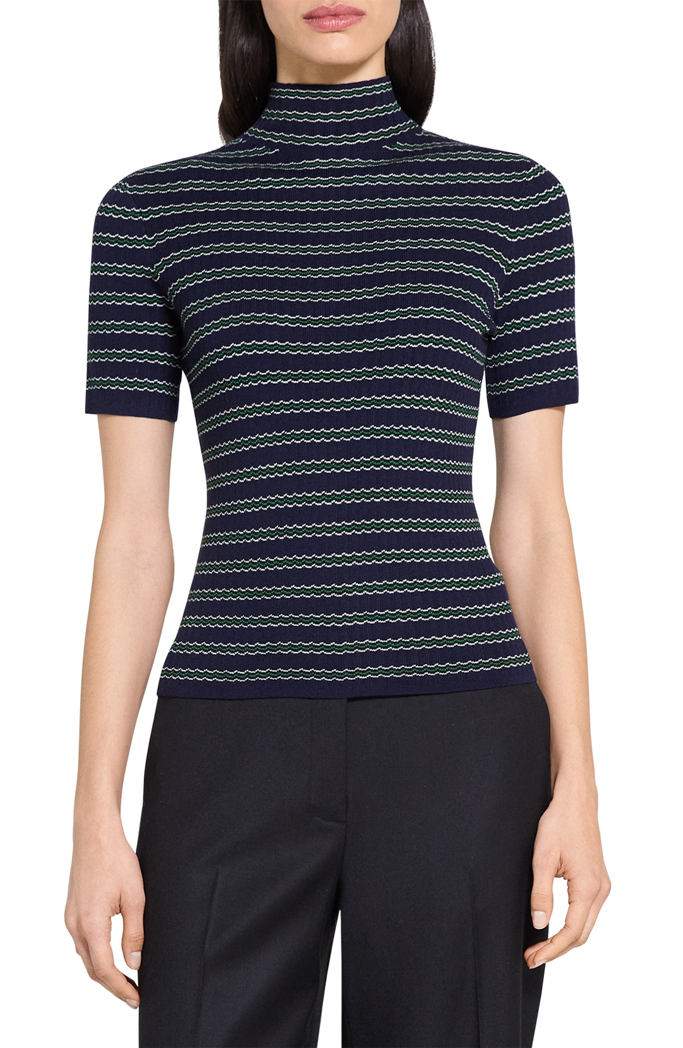 Theory Leenda Stripe Merino Wool Mock Neck Sweater in Deep Navy Multi at Nordstrom - 1