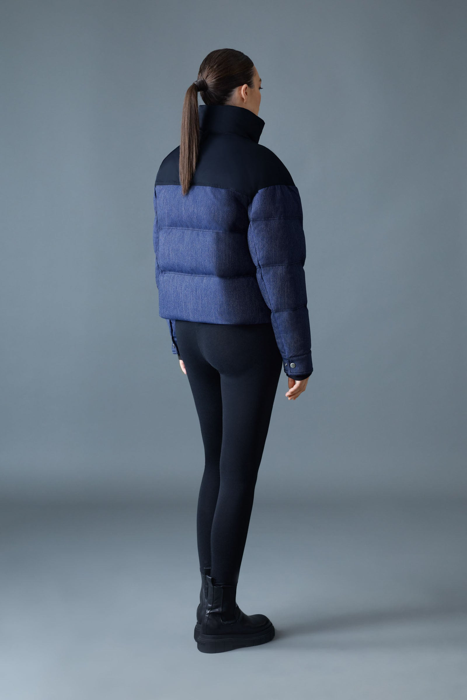 BRIGIT-DNM Quilted Denim Down Jacket with Contrast Satin Yoke - 4