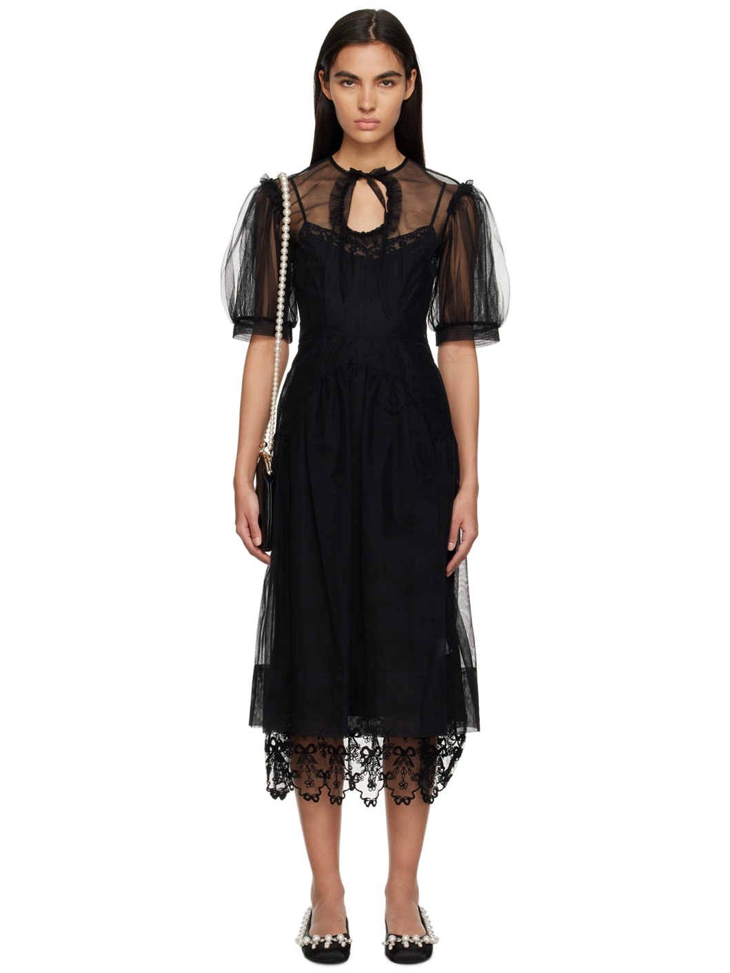 Black Tie-Neck Midi Dress - 1