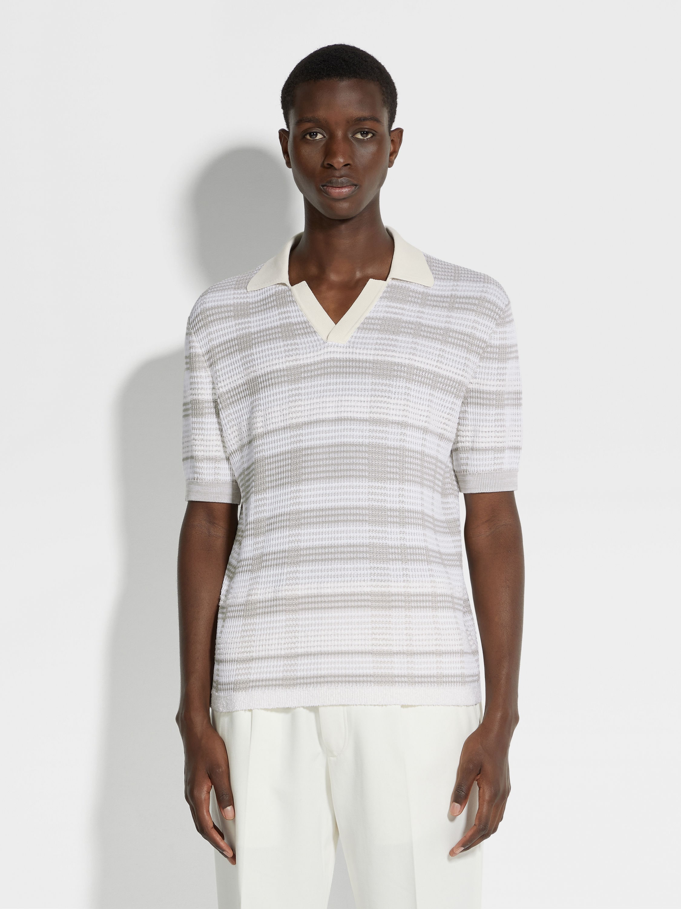 WHITE AND DARK TAUPE COTTON AND SILK BLEND POLO SHIRT - 4