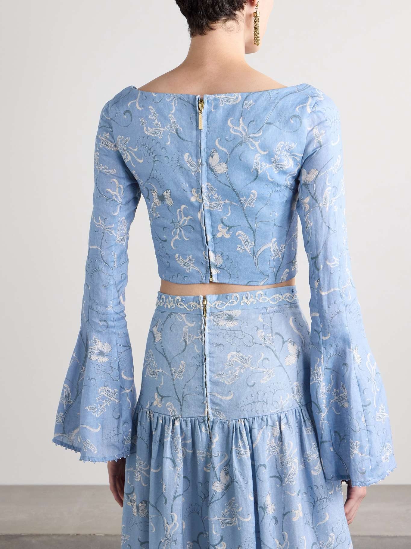 Limoncillo Lymanopoda cropped bead-embellished printed linen top Blue - 3