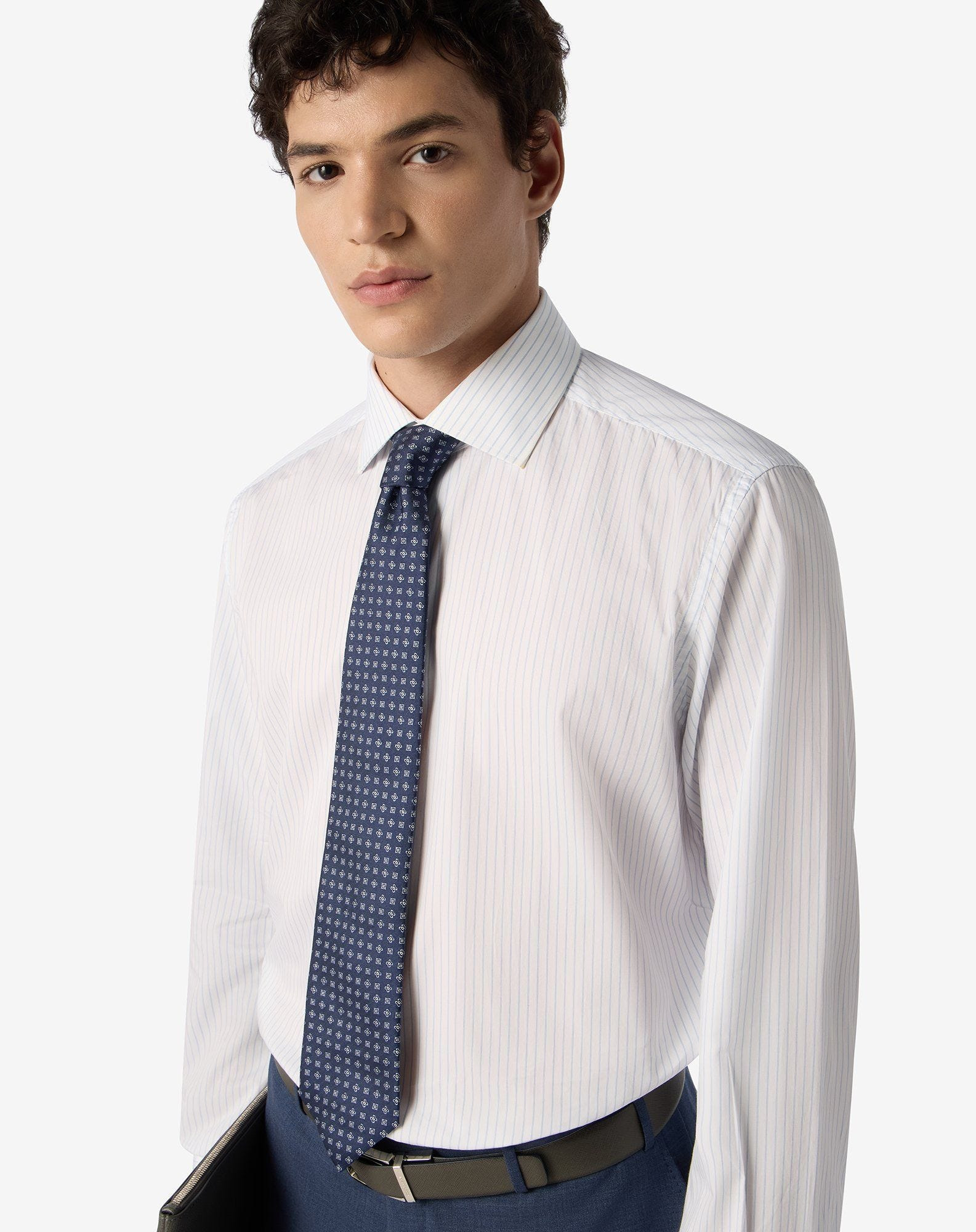 Blue pure silk tie with micro madras pattern - 2