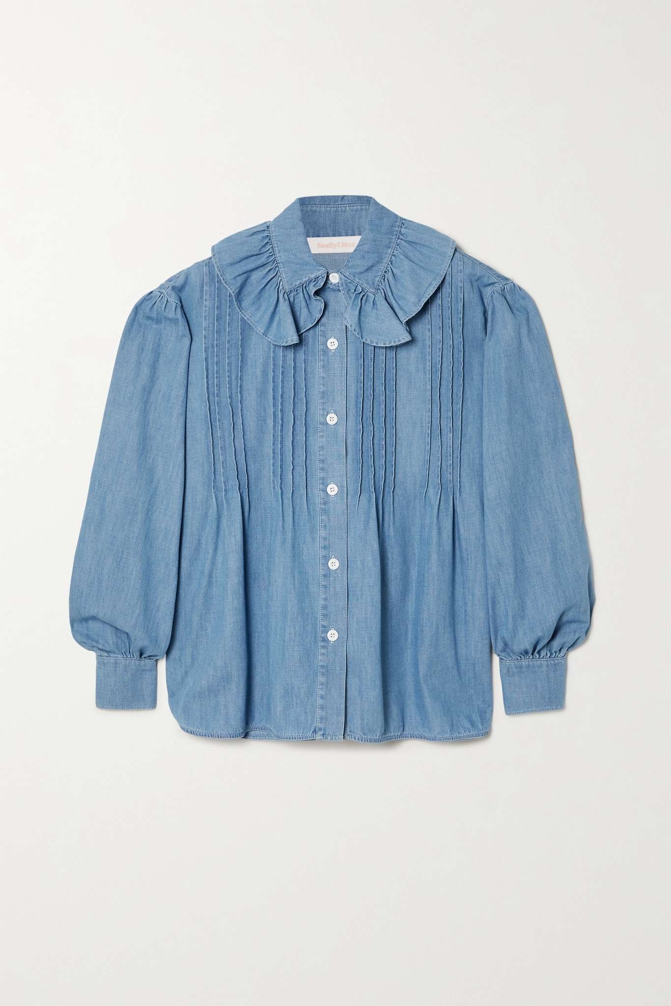 Flou ruffled pintucked denim blouse - 1