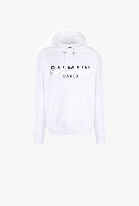 White eco-designed cotton sweatshirt with black and silver Balmain Paris metallic logo print - 1